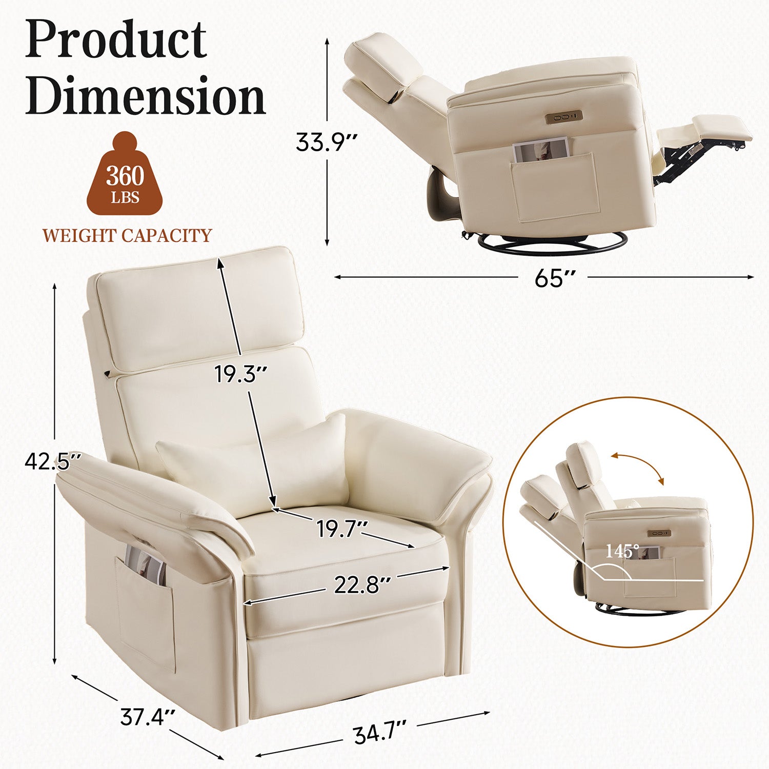HOMREST Power Swivel Rocking Recliner Chair with Adjustable Headrest and Armrests, Beige