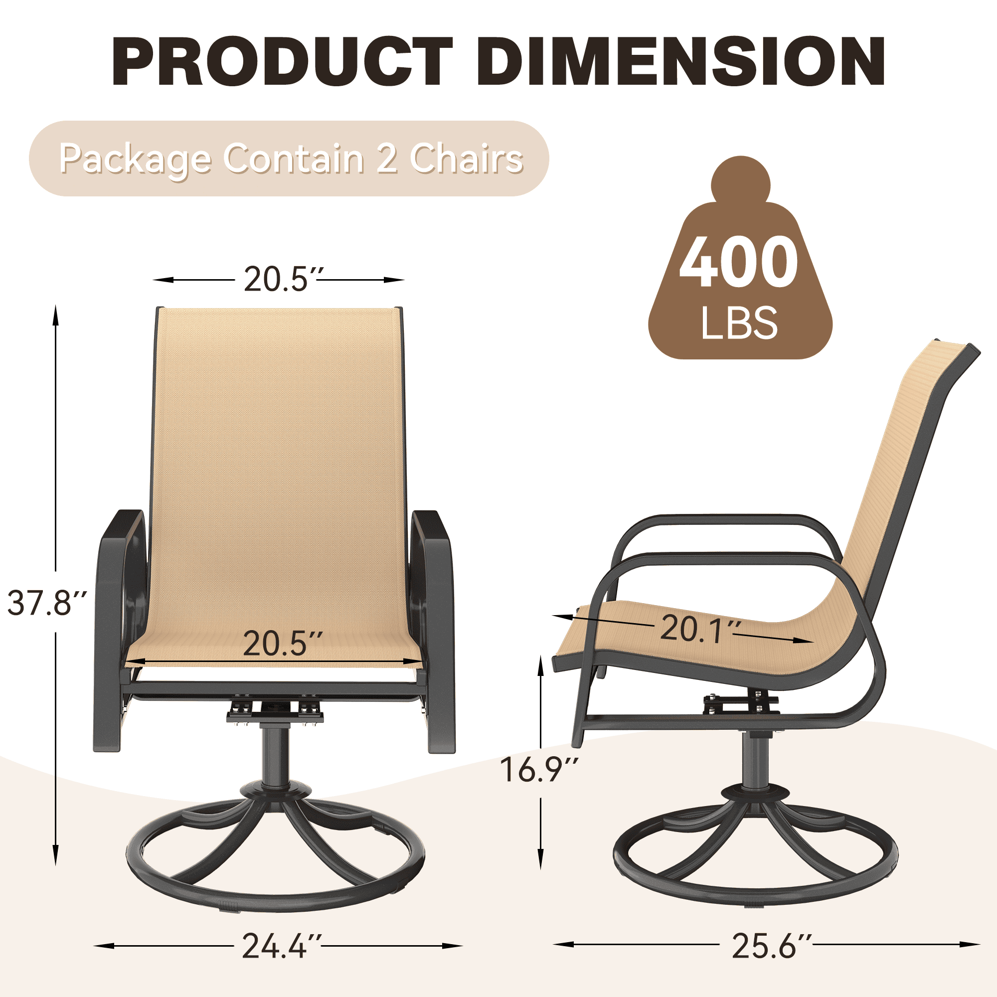 HOMREST 360° Swivel Dining Chairs Set of 2, Padded Textilene & Metal Frame, Brown