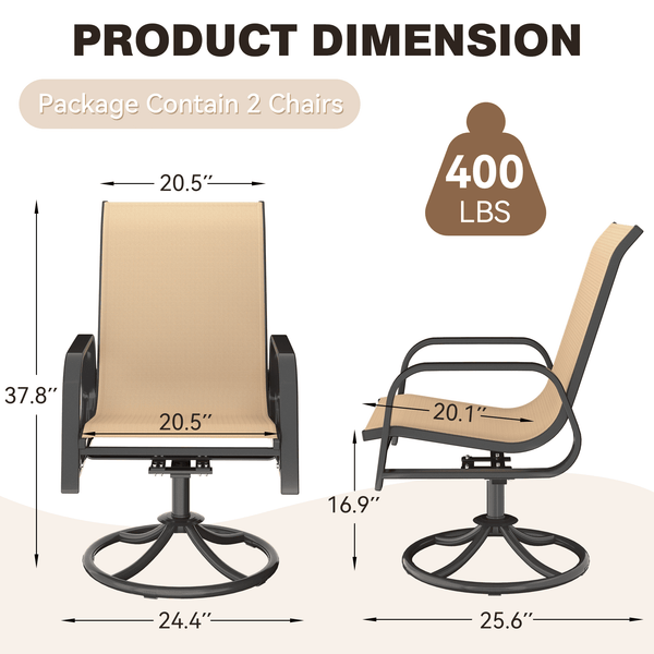 HOMREST 360° Swivel Dining Chairs Set of 2, Padded Textilene & Metal Frame, Brown