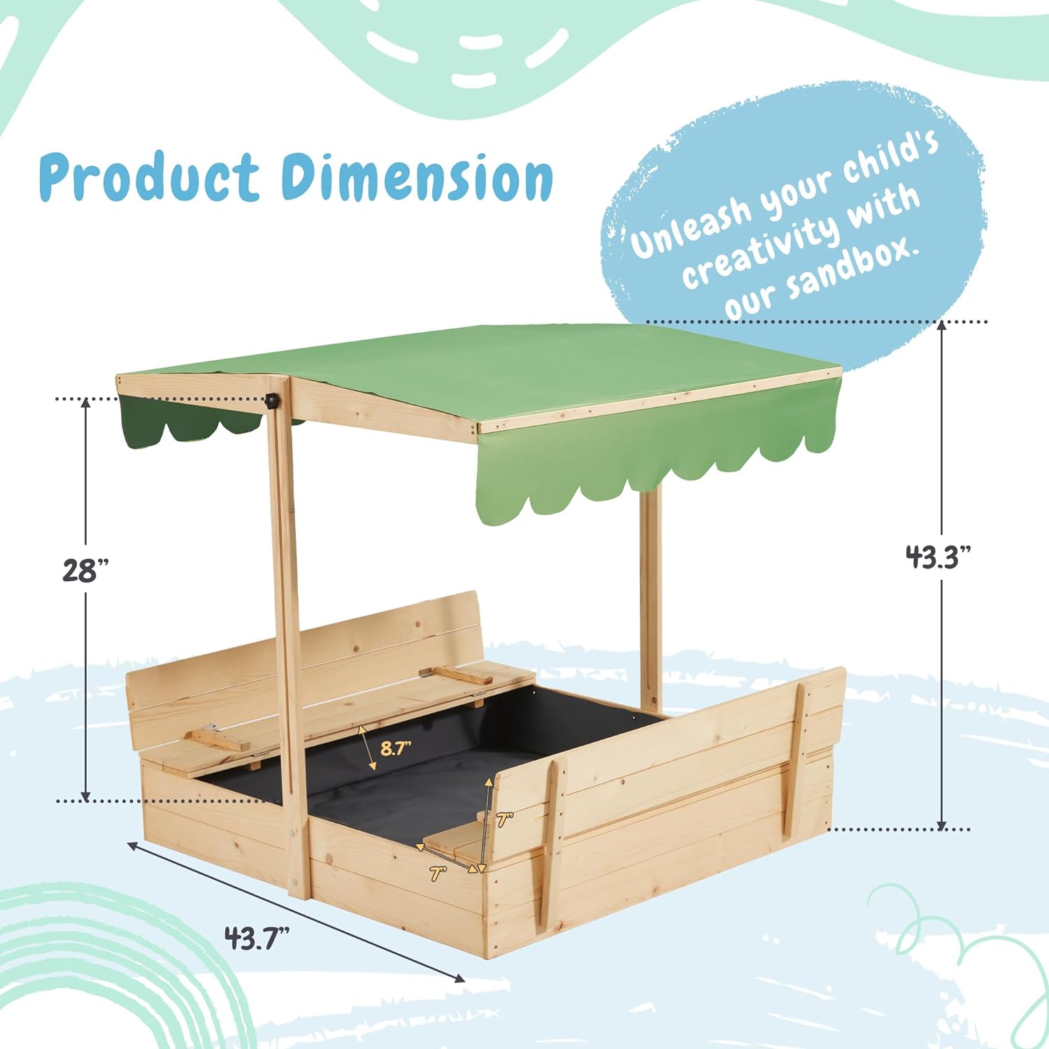 Homrest Kids Sandbox with Cover,Height Adjustable Roof,for Aged 3-8, with Sand Protection Liner, for Backyard, Beach, Lawn