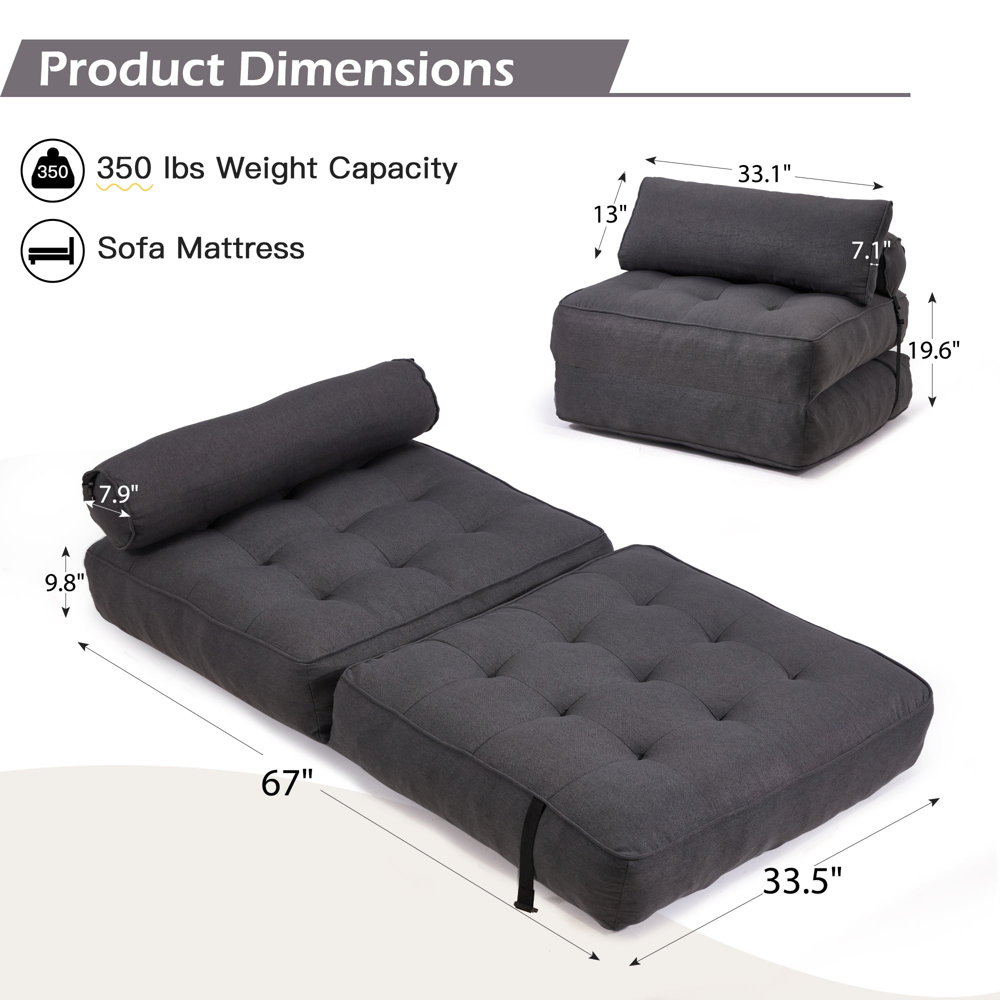 HOMREST 3-Piece Modular Sectional Sofa, Convertible Lounge Set – Foldable Couch Bed, Dark Gray