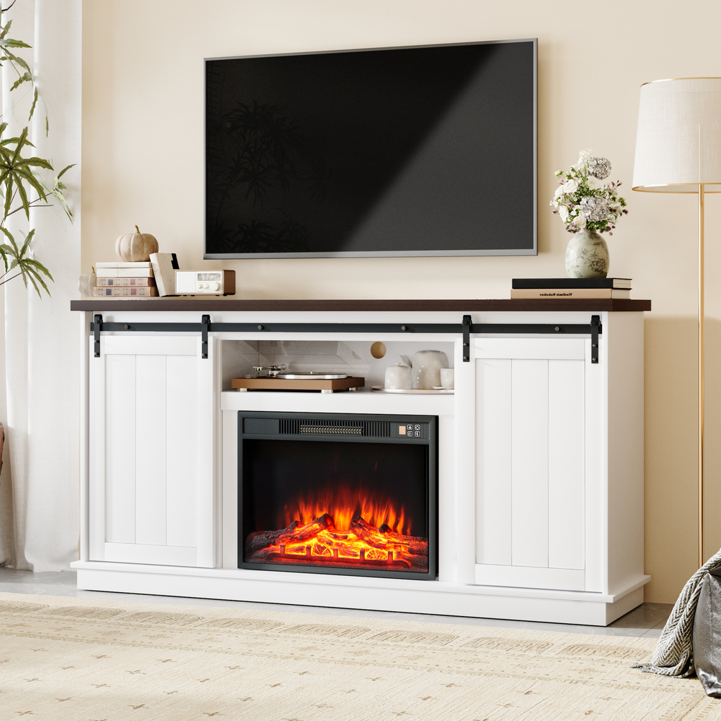 HOMREST Fireplace TV Stand for 70 Inch TV, Entertainment Center with Storage Cabinets and Sliding Barn Doors, Bright White