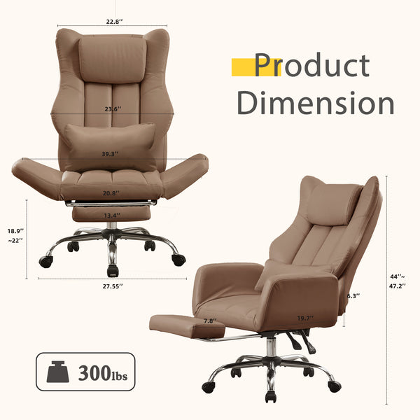 HOMREST Ergonomic Cross Legged Office Chair with Footrest,Big and Tall Leather Executive Chair with Reversible Armrest,Lumbar Pillow and Wheels,155° Reclining Computer Wide Desk Chair for Home,Office (Brown)