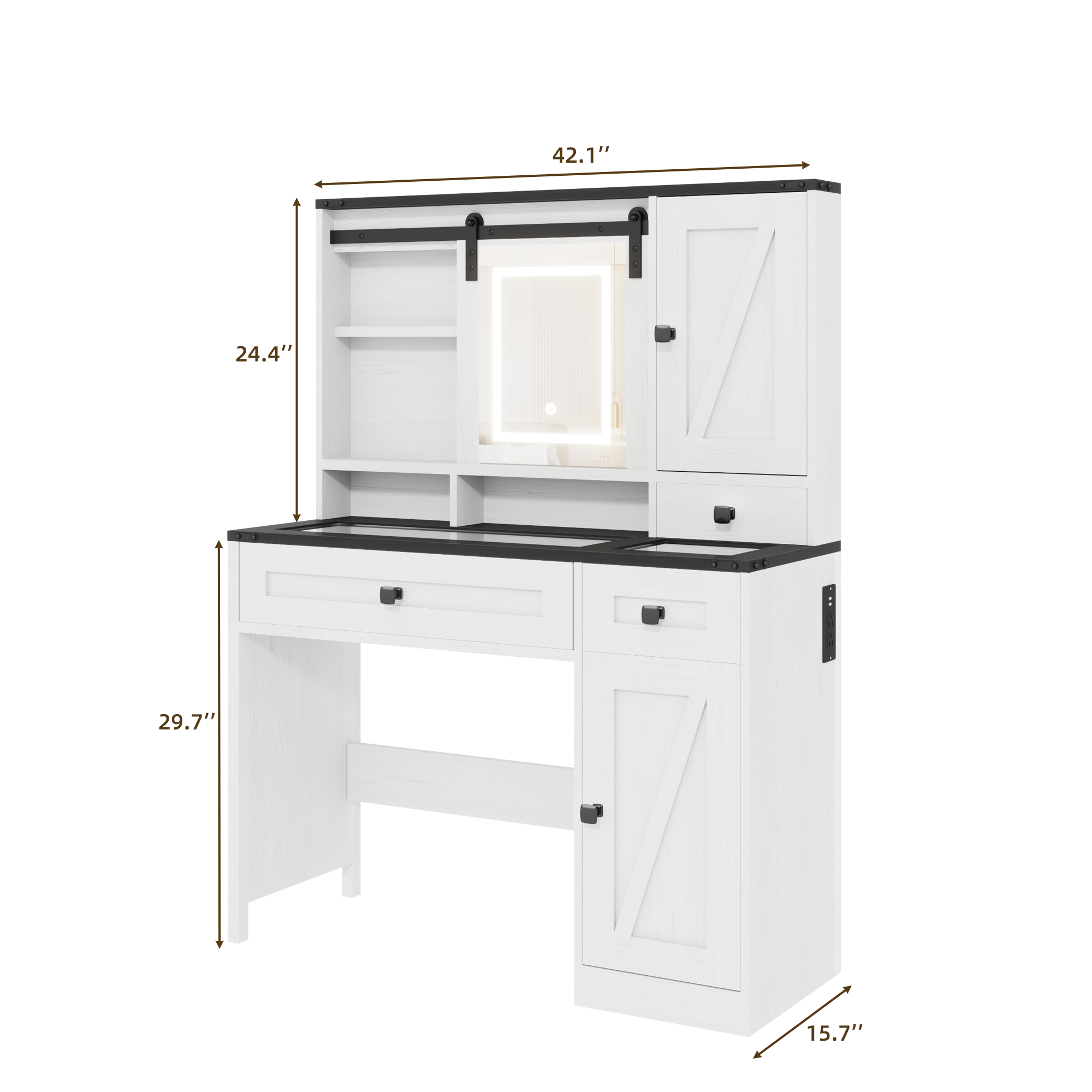 HOMREST Farmhouse Vanity Desk with Mirror, Lights and Jewelry Storage, Antique White