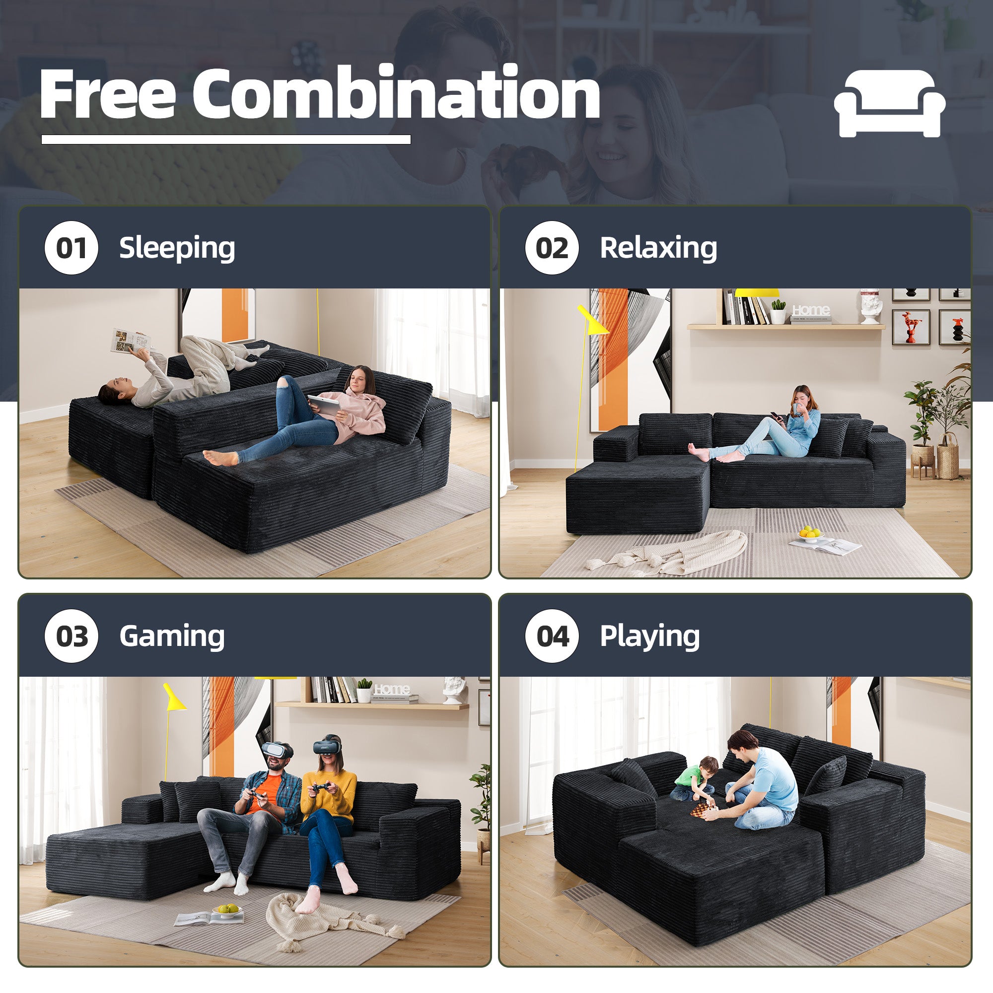 HOMREST 106 inch Cloud Sectional Couch with Chaise Lounge for Living Room Bedroom Apartment, Corduroy Fabric, Black