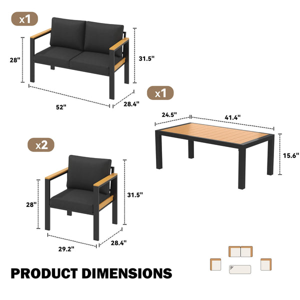 HOMREST 4 Piece Patio Furniture Set, Metal Patio Conversation Set with Coffee Table, All-Weather Outdoor Furniture, Black