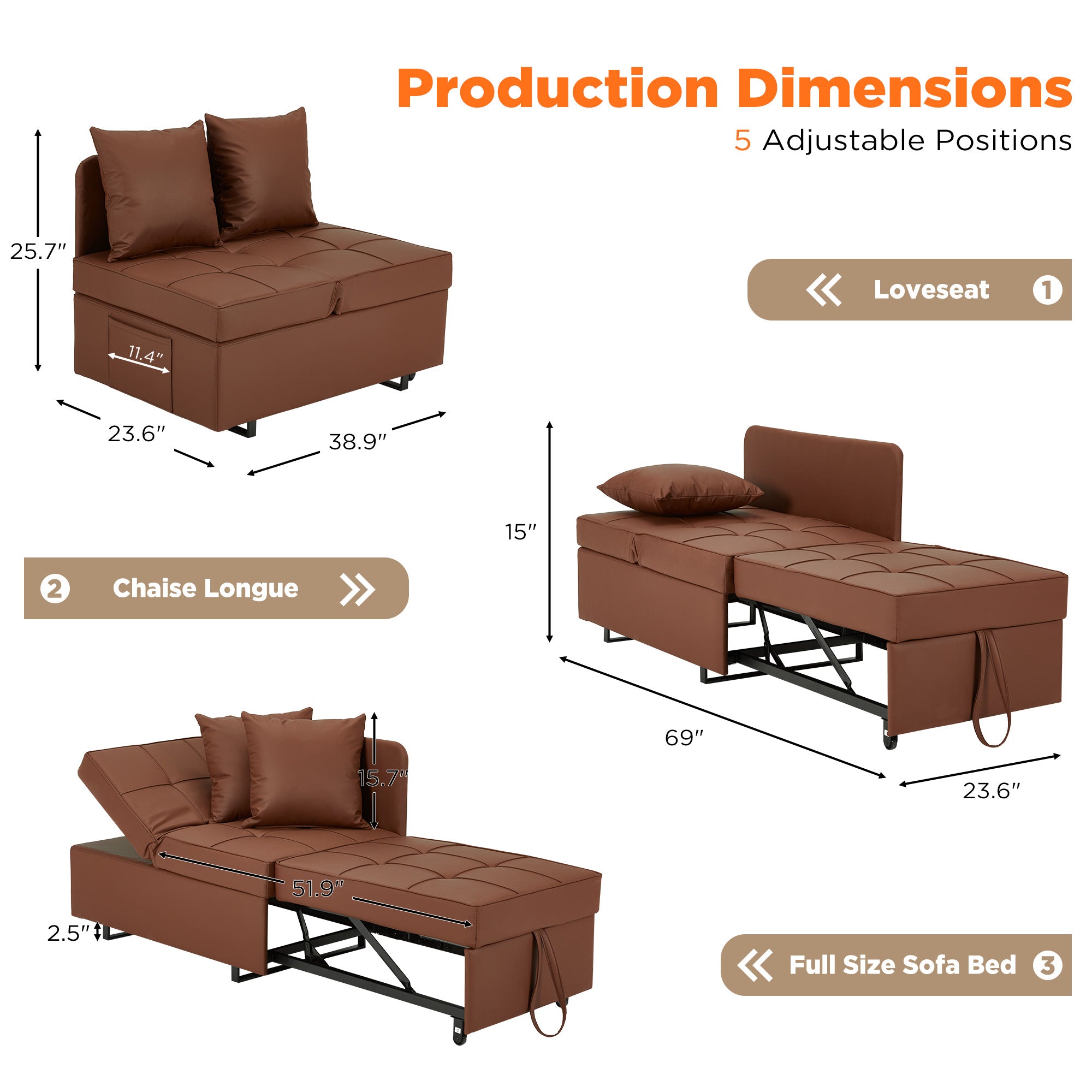HOMREST 3 IN 1 Futon Sofa Bed Convertible Recliner Lounge with Reclining Backrest, Brown