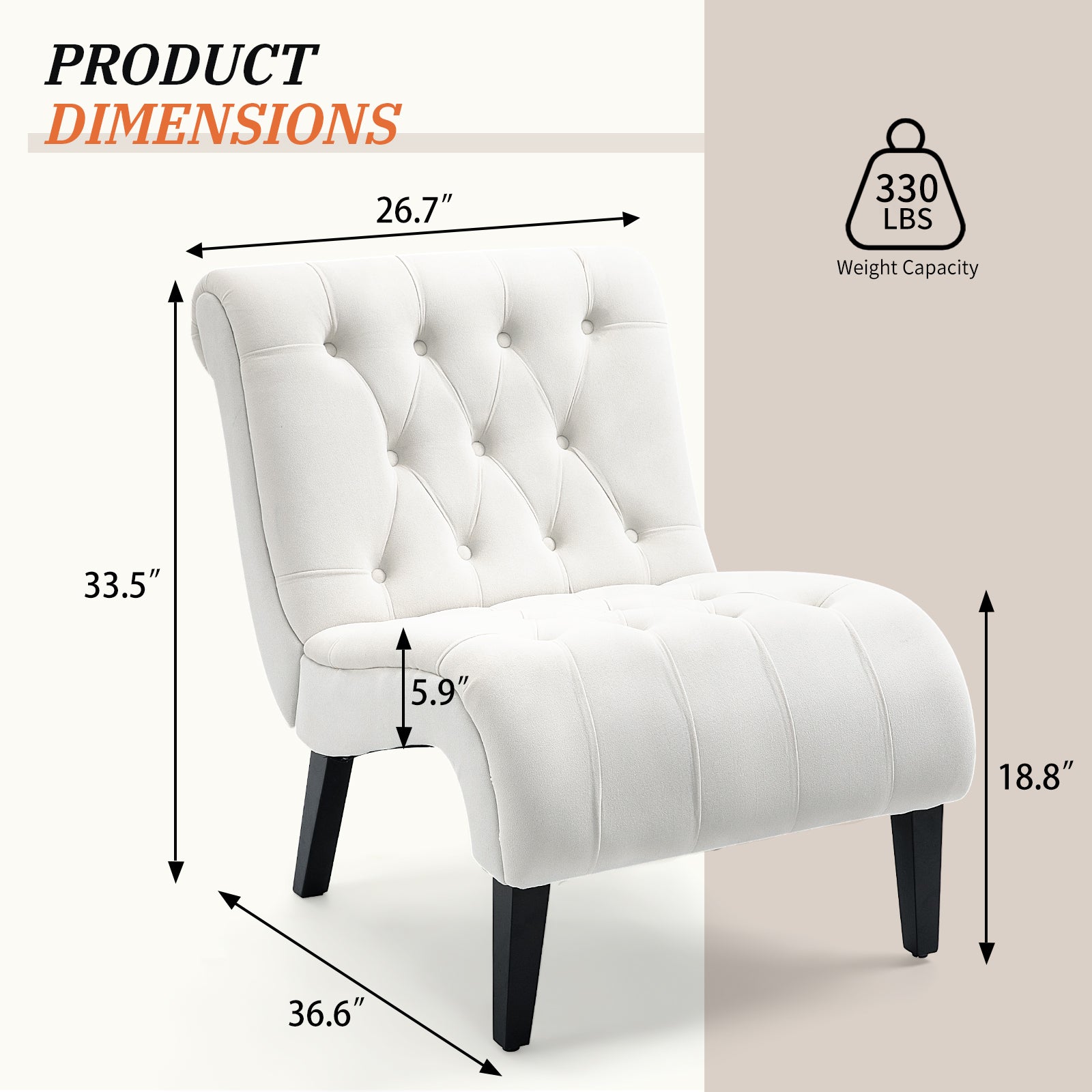 HOMREST Armless Accent Chair, Upholstered Button Tufted Living Room Chairs with Wood Legs, Comfy Frosted Velvet Lounge Chair Reading Chair for Bedroom, Cream White