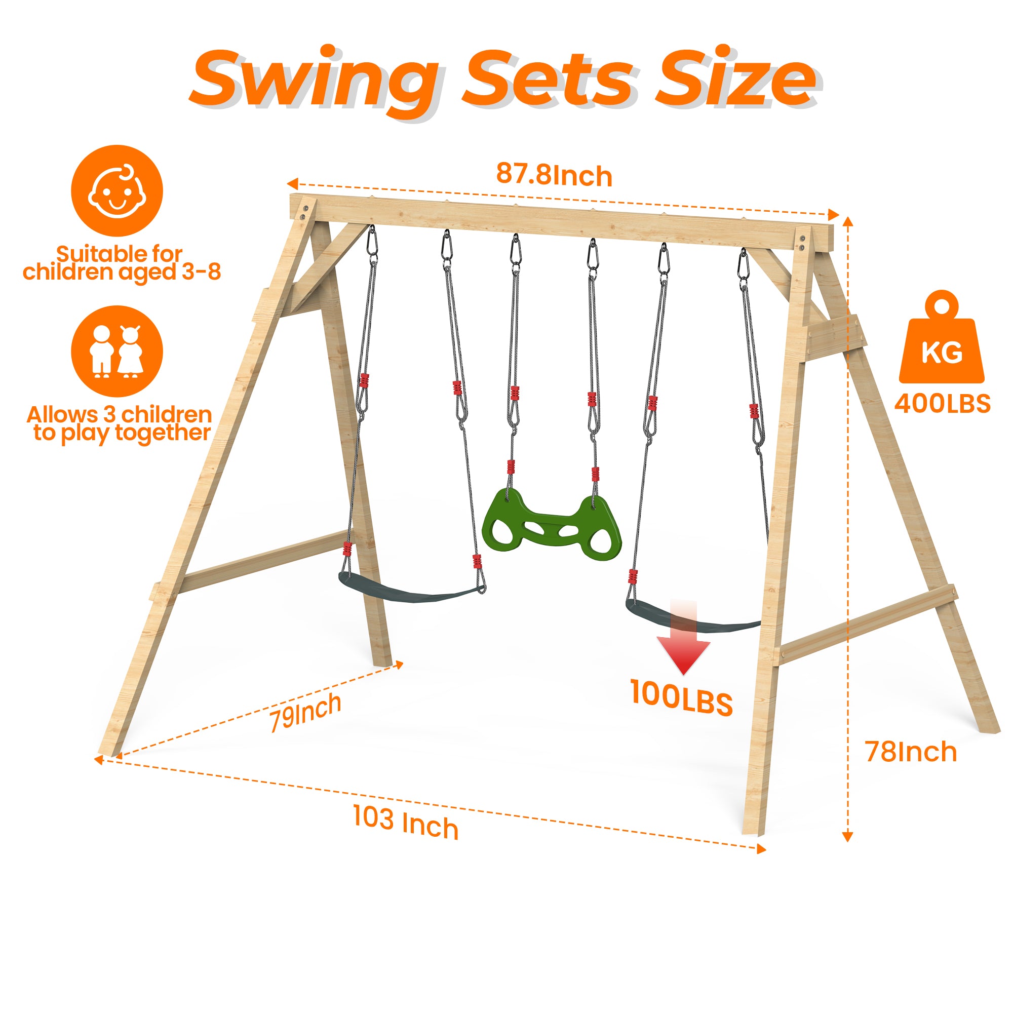 Homrest Wooden Swing Sets for Backyard with 2 Belt Swings and Trapeze Bar, Outdoor Playset for Kids, Backyard Discovery Wooden Swing Set