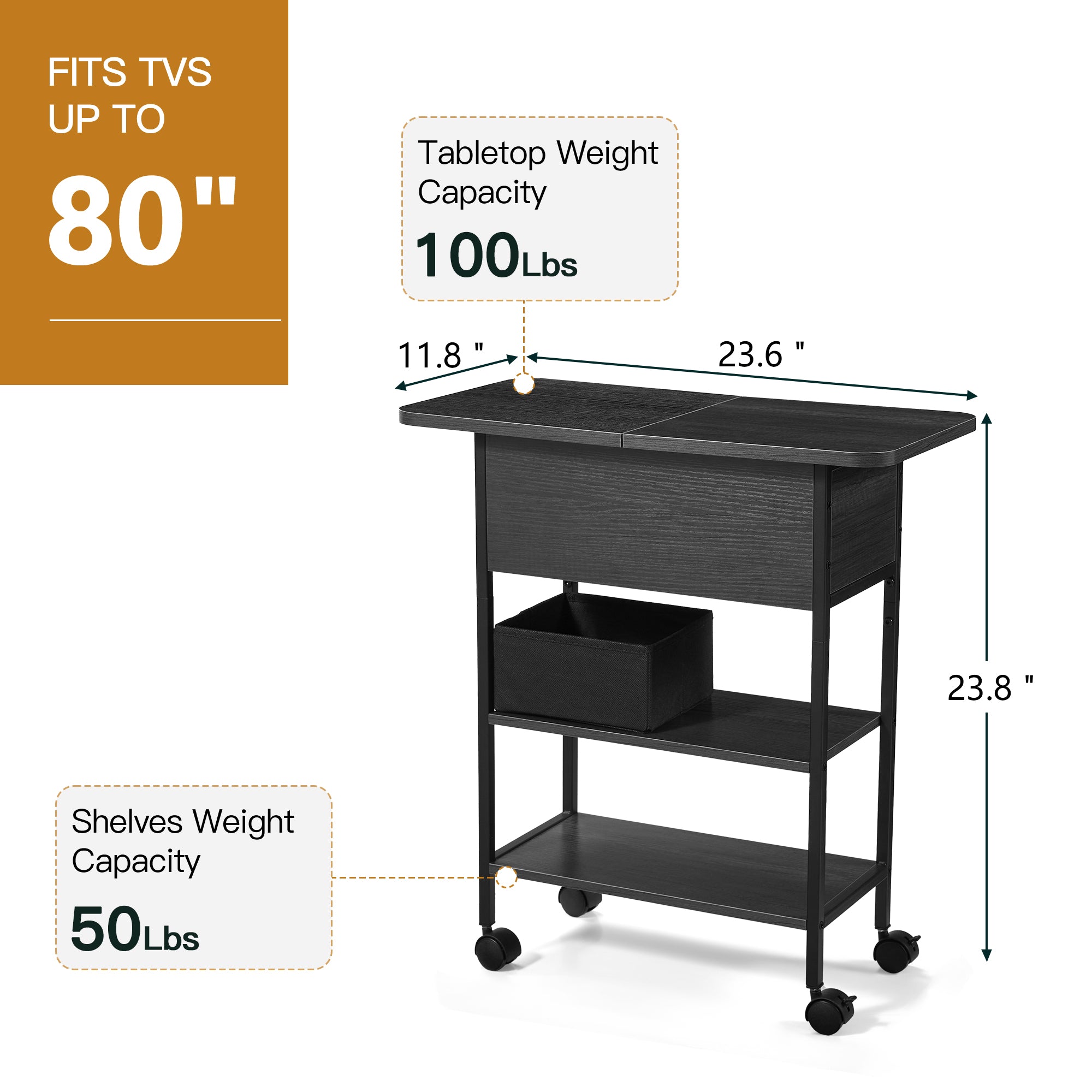 HOMREST Multi-Functional Flip Side Table, 360° Swivel Wheels & Storage Shelf for Living Room/Bedroom, Rustic Brown Wood End Table, Black