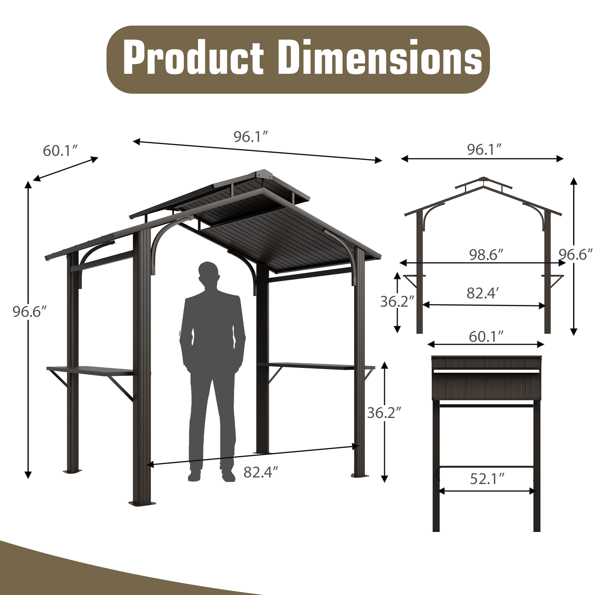 HOMREST 8' x 5' Hardtop Grill Gazebo with 2 Side Shelves, Bottle Opener, and Galvanized Steel Double Roof, Brown