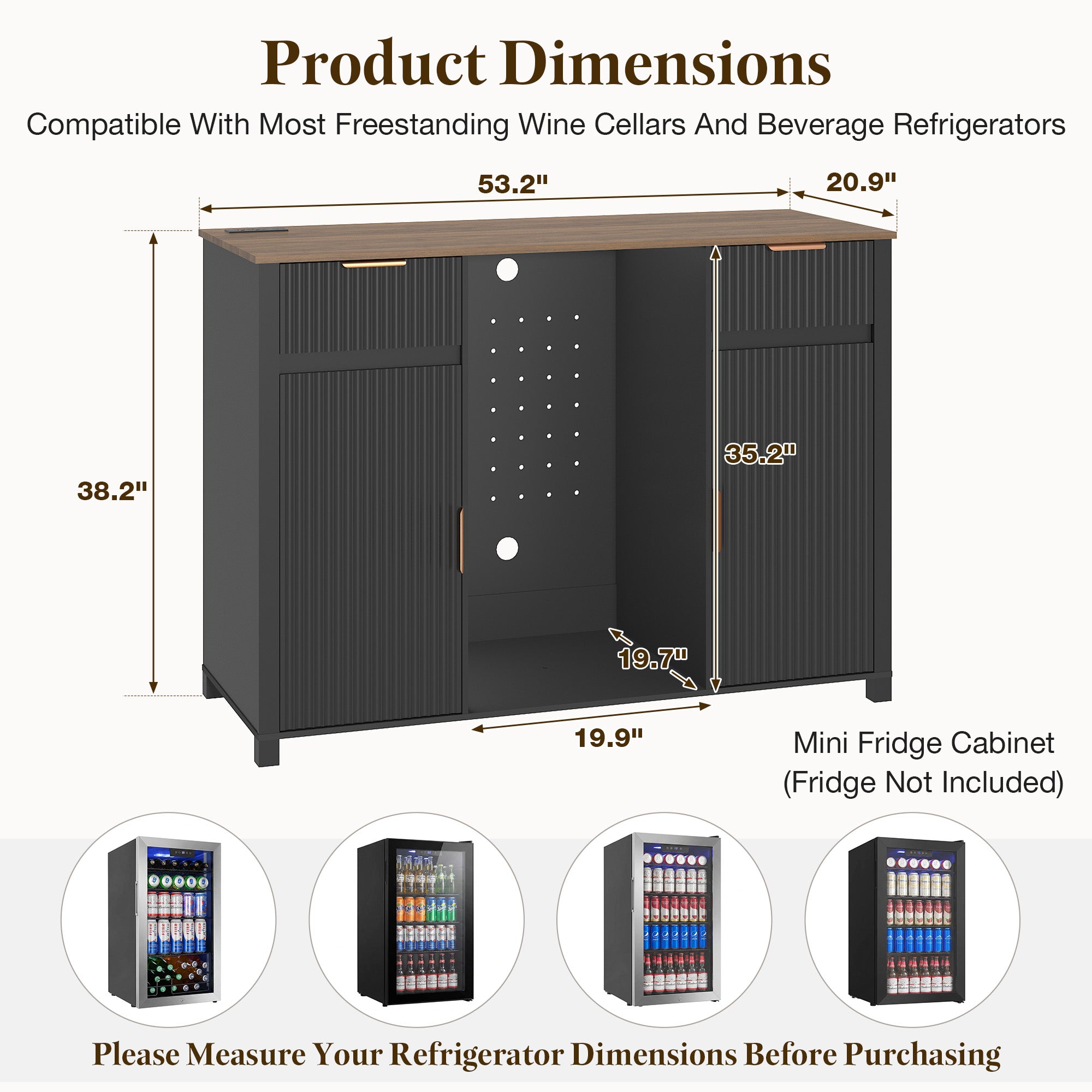 HOMREST 53" Large Coffee Bar Cabinet with Fridge Space & Power Outlet, Mini Fridge Cabinet with Drawer & Door Storage, Wine Bar & Buffet Sideboard for Kitchen and Dining Room, Liquor Cabinet, Black