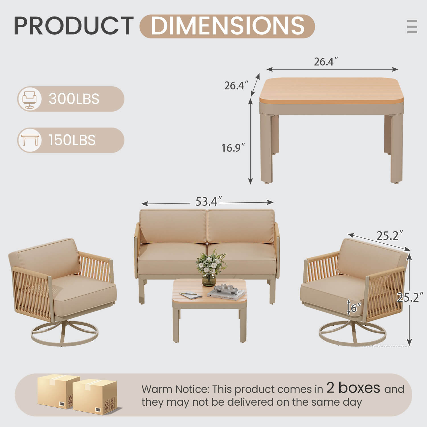 HOMREST 4 Piece Patio Furniture Set,Swivel Glider Rocking Chairs with 6" Thick Cushions, Loveseat & Coffee Table, Beige