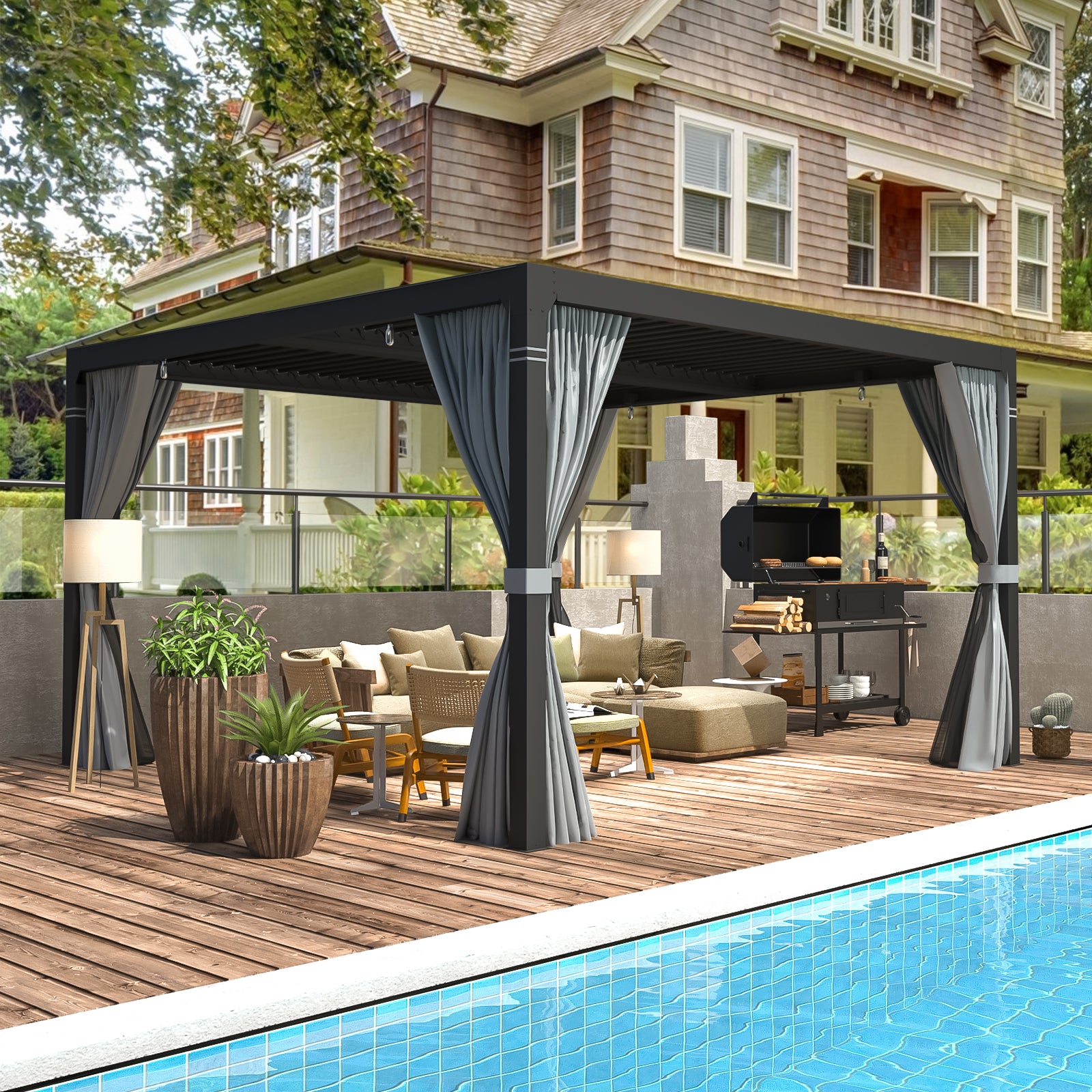 HOMREST Louvered Pergola 10x10 Outdoor Hard Top Pergola with Aluminum Frame, Gray-Black