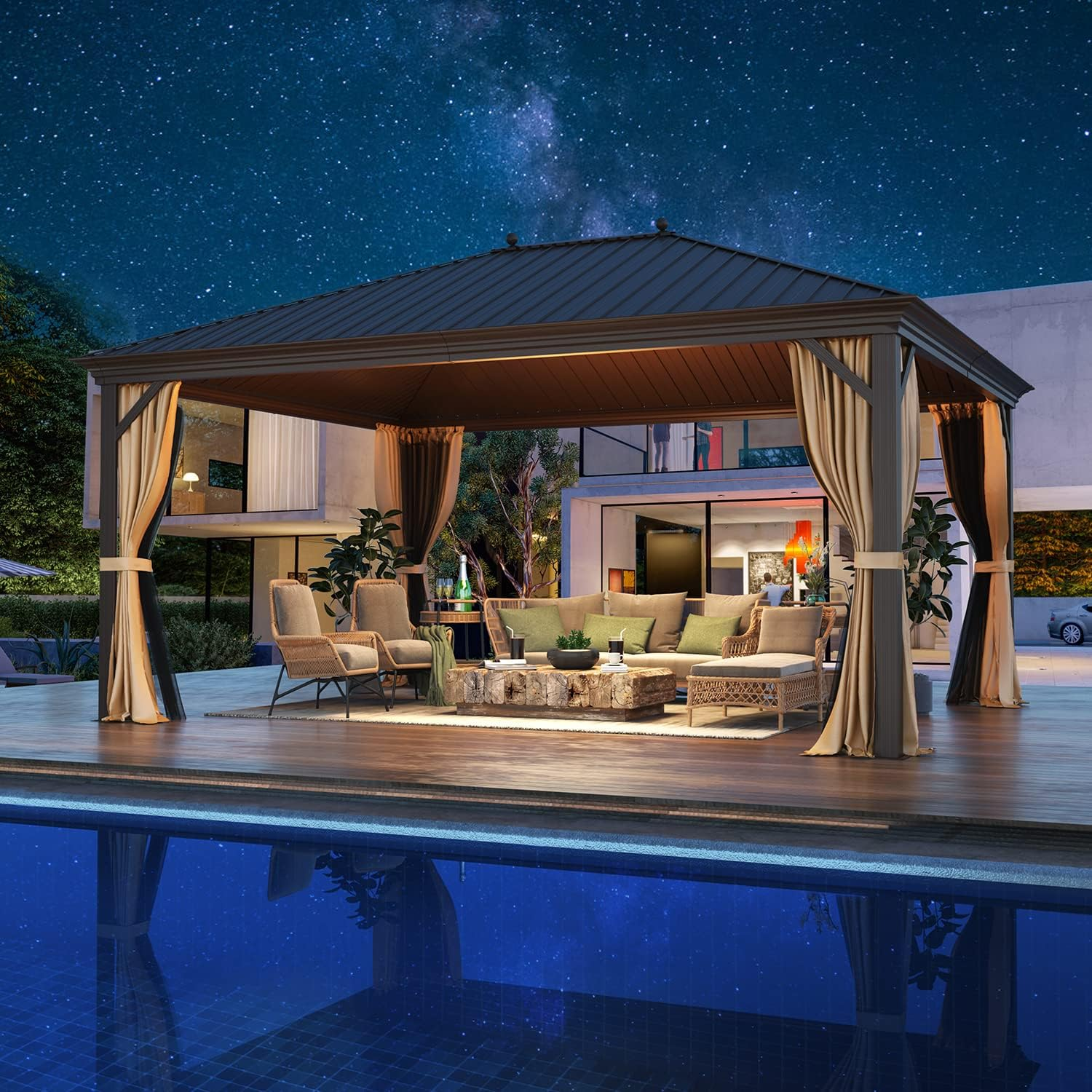 Homrest 12' x 16' Hardtop Gazebo, Galvanized Steel Metal Single Roof Aluminum Gazebo with Curtain and Netting, Brown Permanent Pavilion