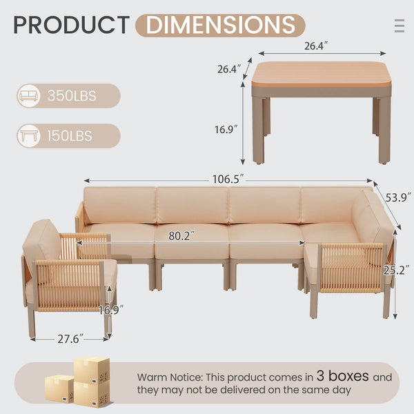 HOMREST 7 Pieces Patio Sectional Furniture Set, Aluminum Frame Outdoor Conversation Set with Single seat, 6