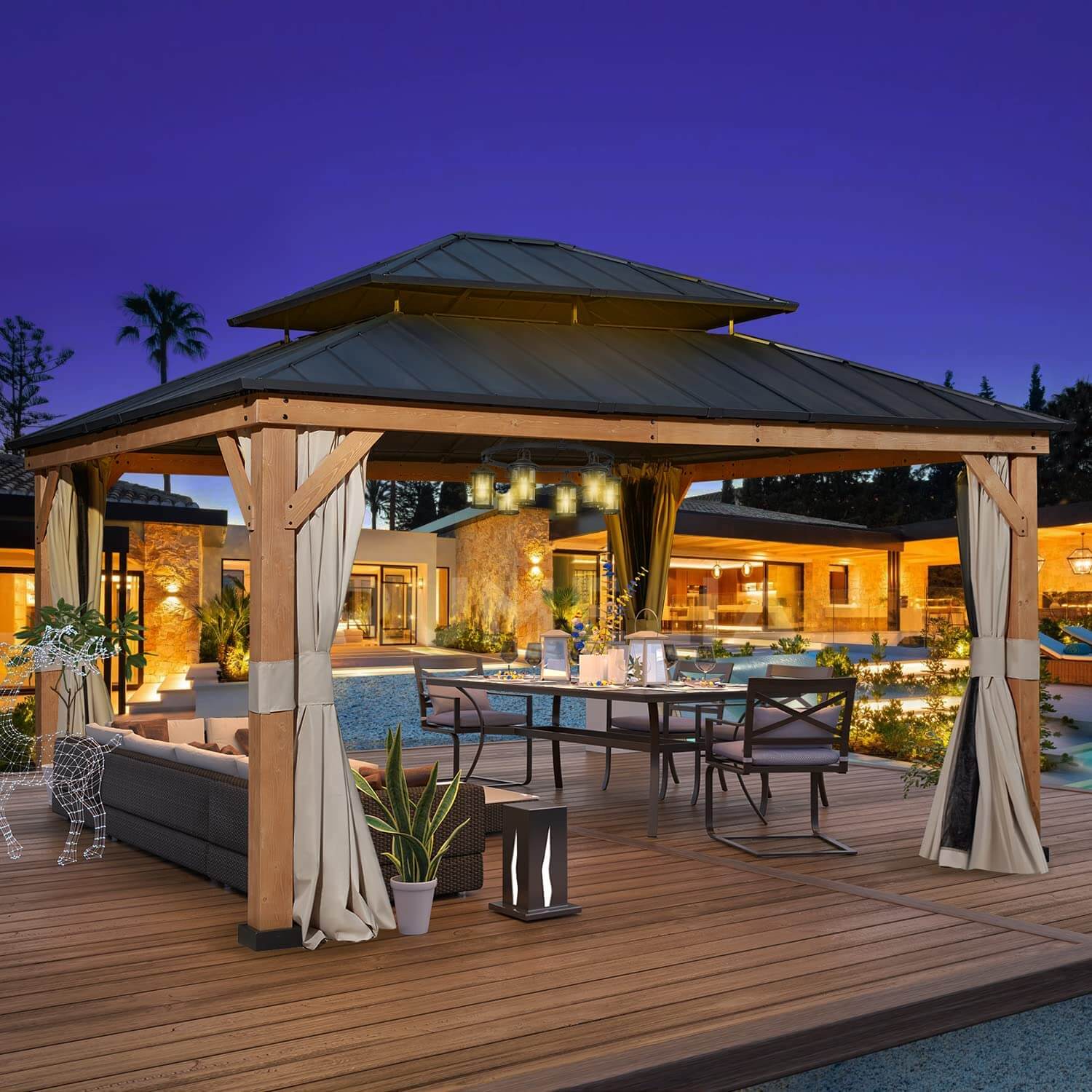 Homrest 13' x 15' Outdoor Cedar Wood Hardtop Gazebo w/ Double Metal Roof, Curtains & Nettings