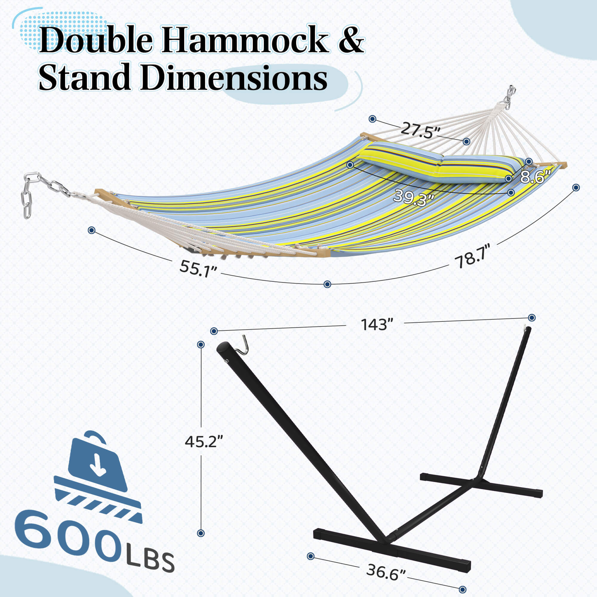 HOMREST Modern Rope Hammock with Stand, Portable Outdoor Hammock for Backyard, Beach & Camping, Green Stripes