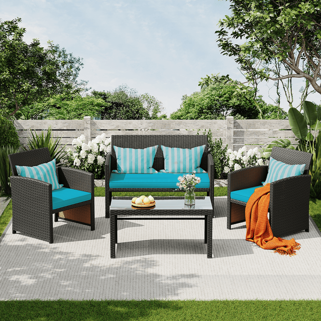 HOMREST 4-Piece Patio Furniture Set, Outdoor Wicker Patio Conversation Set with Cushions, Sofa & Glass Coffee Table, Blue