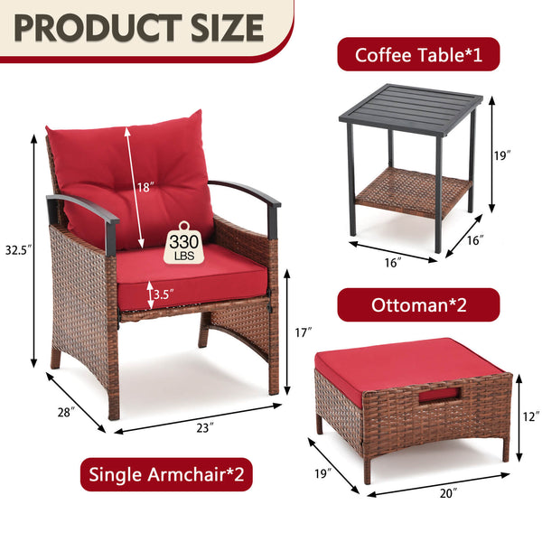 HOMREST 5 Pieces Patio Furniture Set, Outdoor Rattan Chairs with Metal Coffee Table, Ottomans & Soft Cushions, Wicker Conversation Bistro Set for Garden, Porch, Deck, Balcony, Red