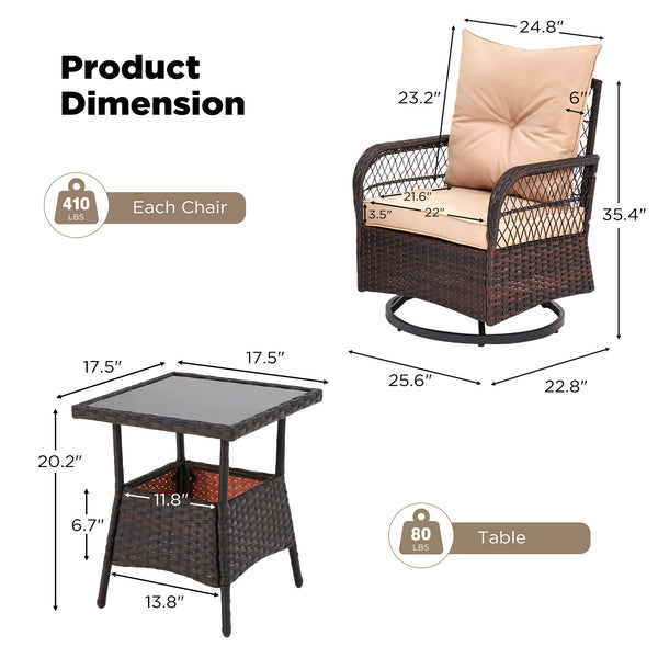 HOMREST 3-Piece Patio Swivel Rocker Set with Rattan Coffee Table for Lawn, Garden, Porch