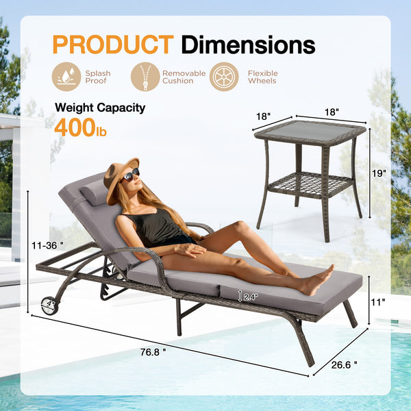 HOMREST 3-Piece Outdoor Chaise Lounge Set with 2 Adjustable Chairs, Storage Table, Splash-Proof Design, and Smooth Wheels for Poolside & Beach Relaxation（Grey)