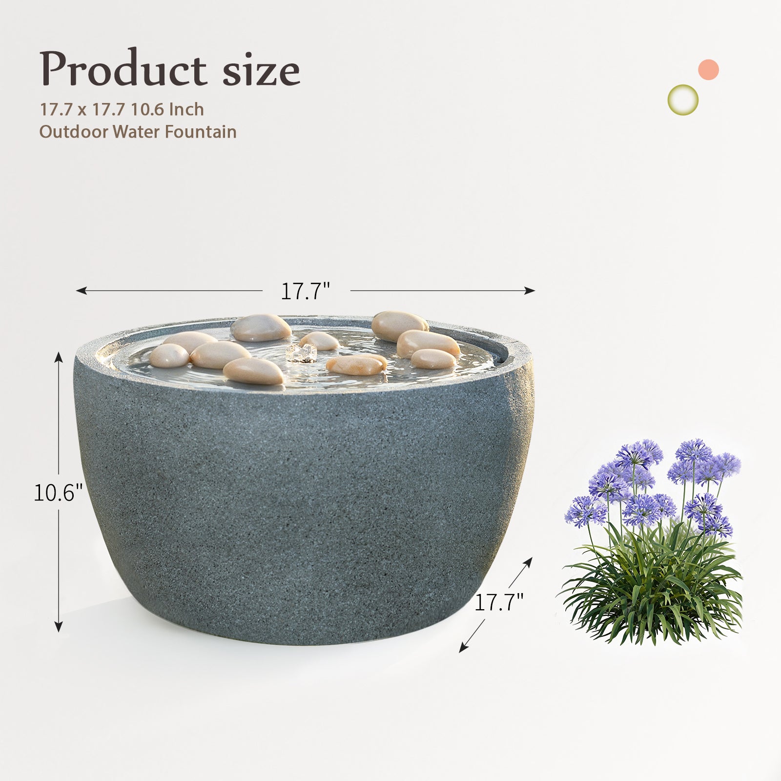 HOMREST 10.6"Tall Outdoor Water Fountain - Resin Garden Water Feature with LED Lights Effect for Patio Deck Yard Home,Gray