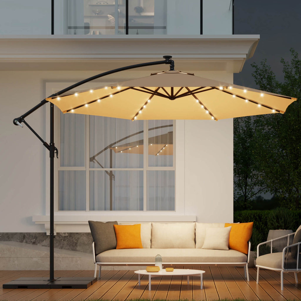 Homrest 10ft Solar Lighted Patio Umbrella, Infinite Tilt, Crank and Cross Base, Beige