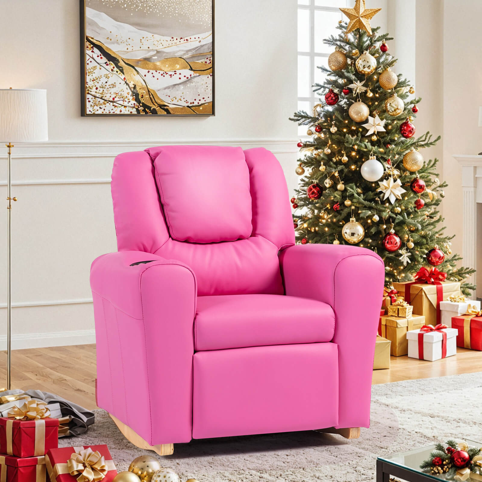 HOMREST Kids Recliner Chair with Cup Holder, Leather Toddler Recliner with Adjustable Backrest, Curved Rocking Legs and Comfy Armrests, Pink