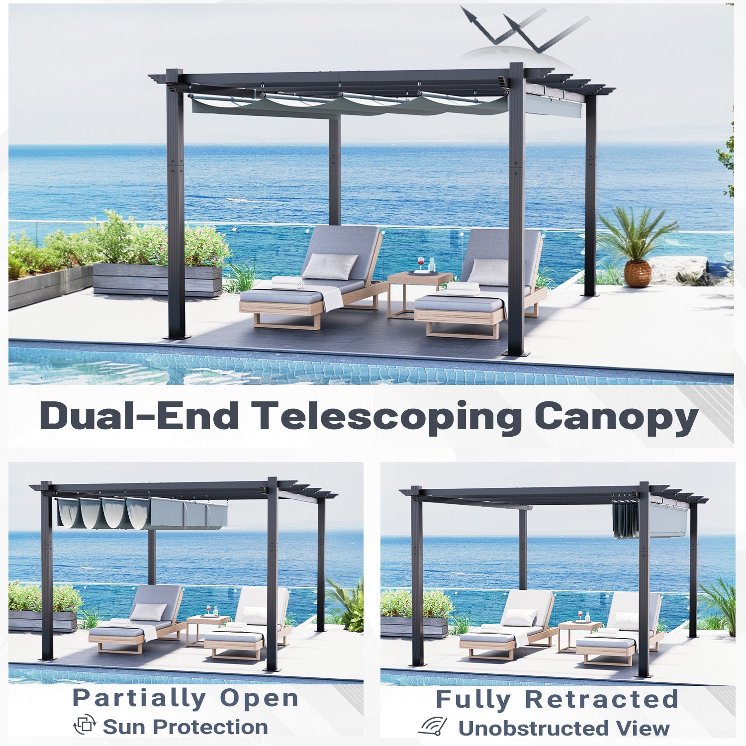 HOMREST Retractable Pergola 12x16 Ft, Outdoor Aluminum Shelter with Dual Adjustable Sun Shade Canopy for Patio Backyard, Locking System Includes Straps & Screws (Gray)