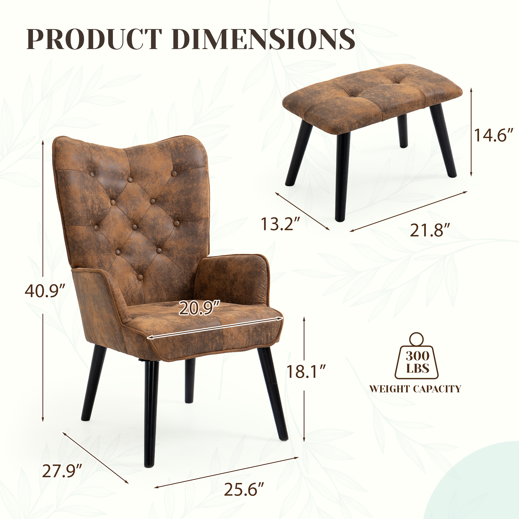 HOMREST Accent Chair with Ottoman(Anti-Skid Feet Caps), Button Wingback Leisure Single Sofa, Arms Upholstered Tall Back Desk Chair, Brown