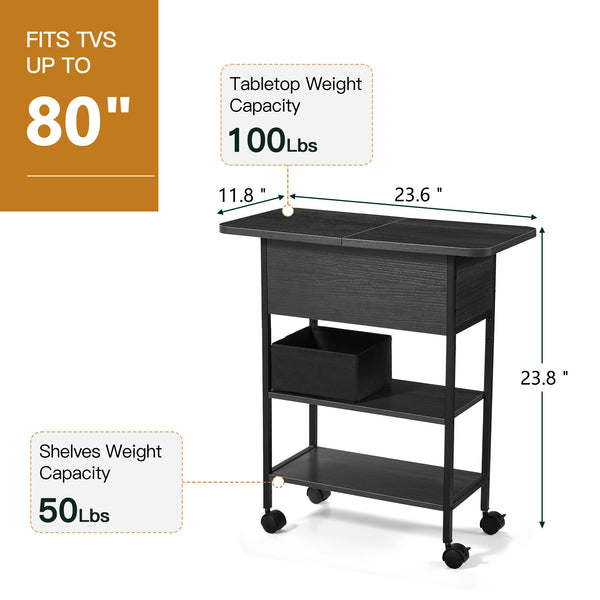 HOMREST Multi-Functional Flip Side Table, 360° Swivel Wheels & Storage Shelf for Living Room/Bedroom, Rustic Brown Wood End Table, Black