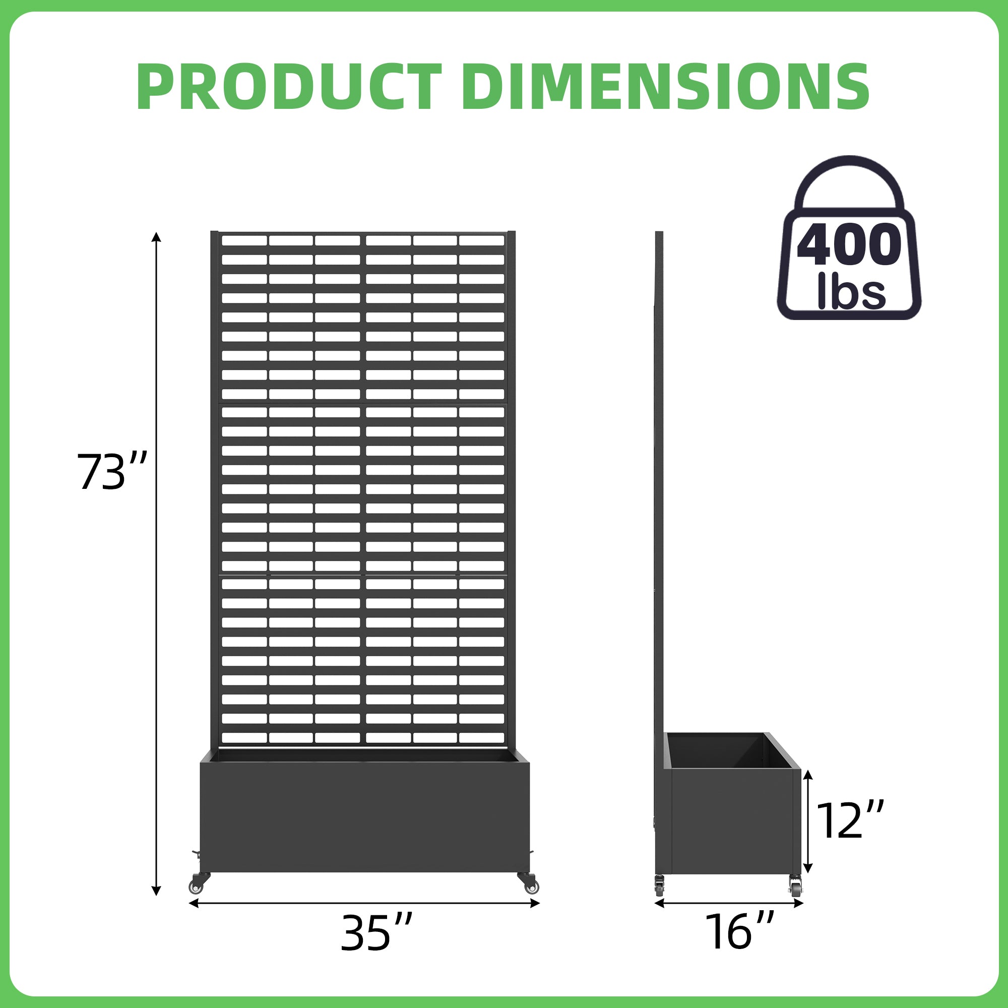 HOMREST Metal Planter Box with Trellis, 73"x 35"x 16" Raised Garden Bed with Wheels and Drainage Holes, Planter with Trellis for Garden, Balcony and Patio, Black Louvered