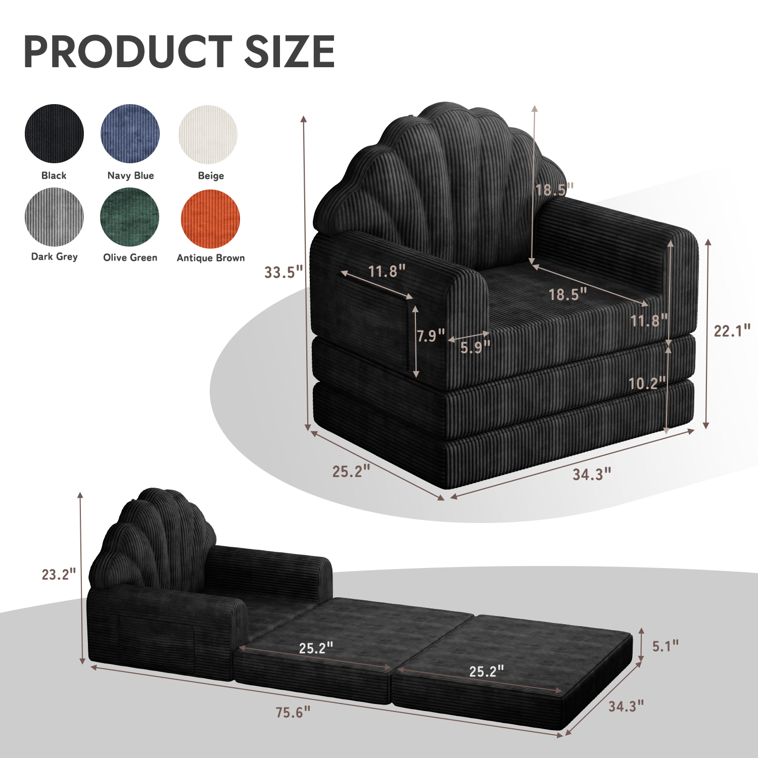 HOMREST 2-in-1 Folding Sofa Bed with Back Support, 75" D x 34" W Convertible Futon Sleeper Chair for Living Room Bedroom Small Spaces, Black