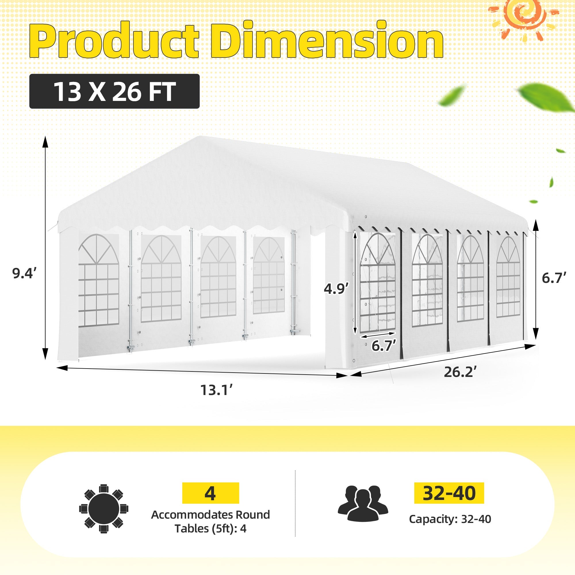 HOMREST 13x26 Ft Heavy Duty Party Tent Gazebo For Events Weddings BBQs Removable Sidewall Windows Storage Bags Included White