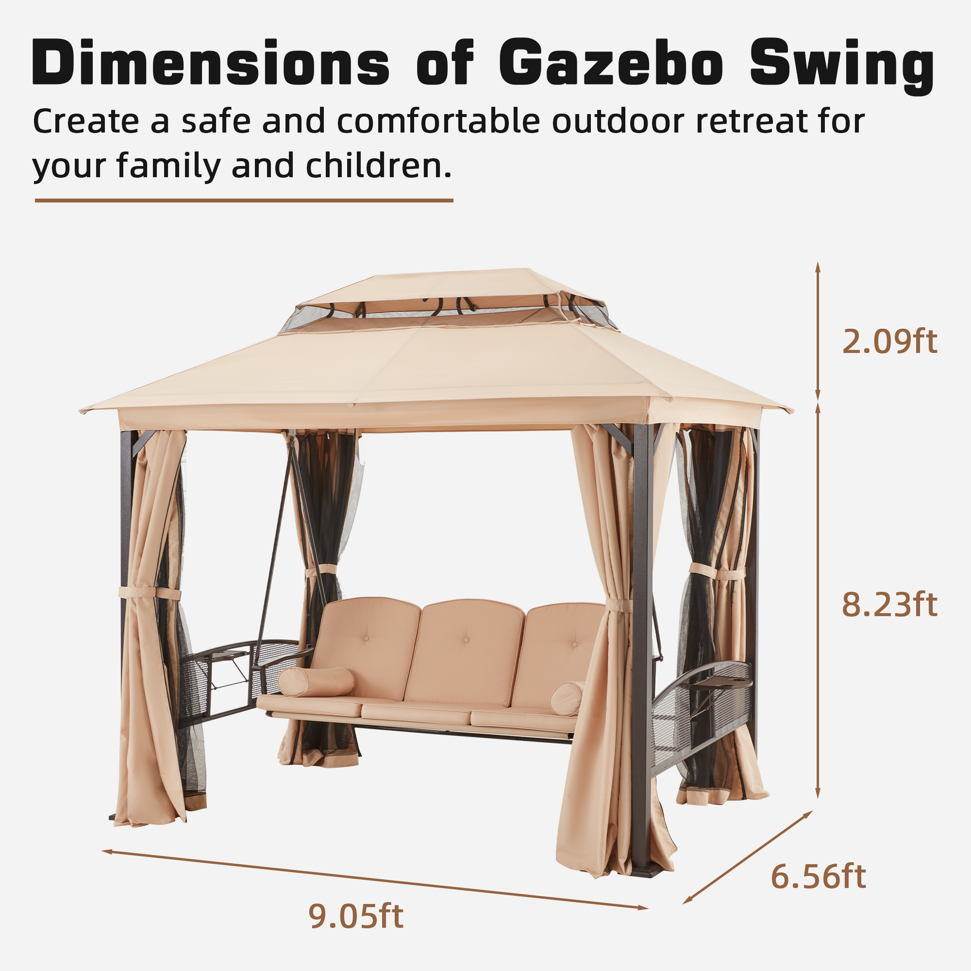 Homrest 3-Seat Swing Chair,Outdoor Gazebo Swing,Porch Swings Outdoor with Double Tier Canopy,Netting Curtains,Side Trays,for Graden,Poolside Backyard(Khaki)