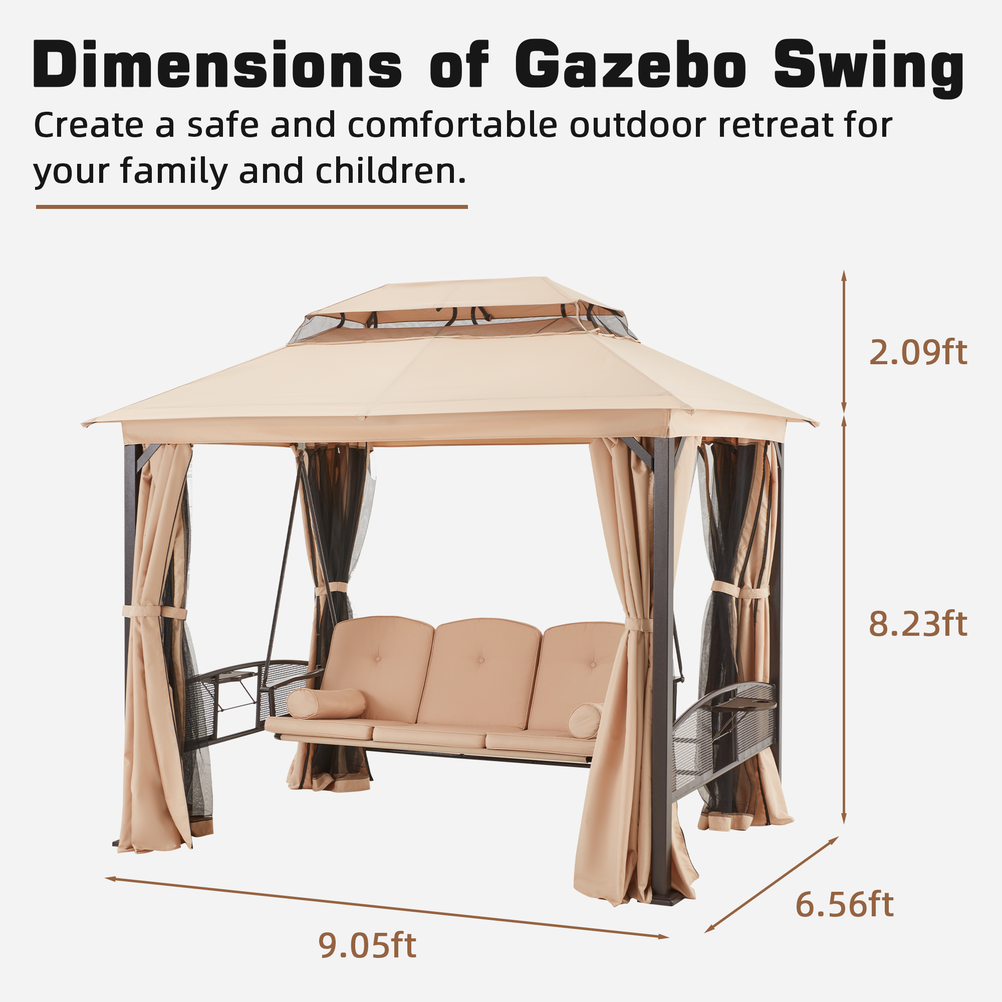 Homrest 3-Seat Swing Chair,Outdoor Gazebo Swing,Porch Swings Outdoor with Double Tier Canopy,Netting Curtains,Side Trays,for Graden,Poolside Backyard(Khaki)