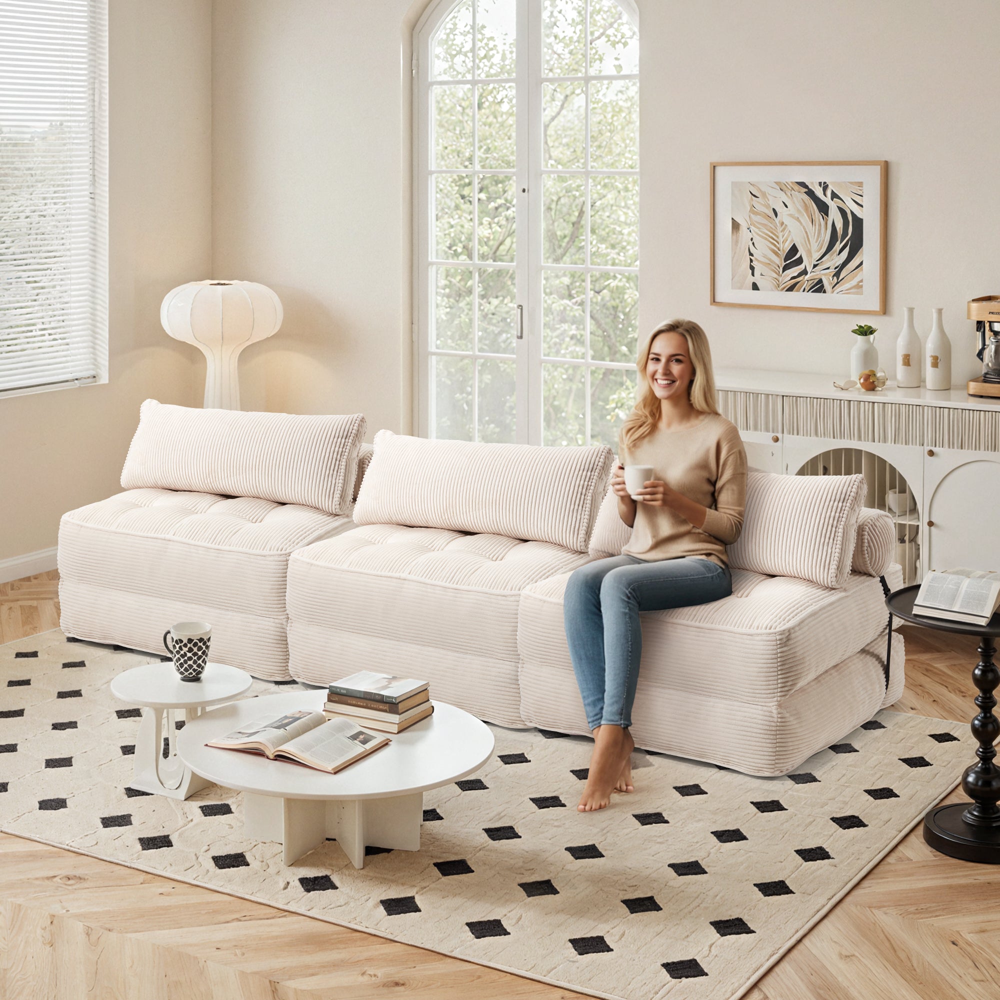HOMREST 3-Piece Modular Sectional Sofa, Convertible Lounge Set – Foldable Couch Bed, Beige