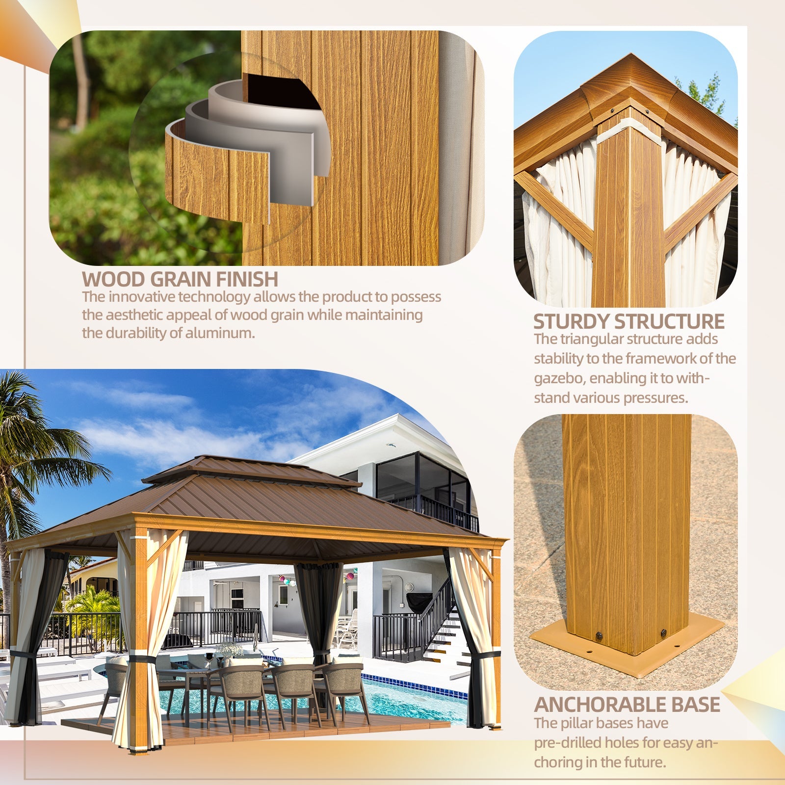Homrest 12' x 16' Hardtop Gazebo with Aluminum Frame, Wood-Grain