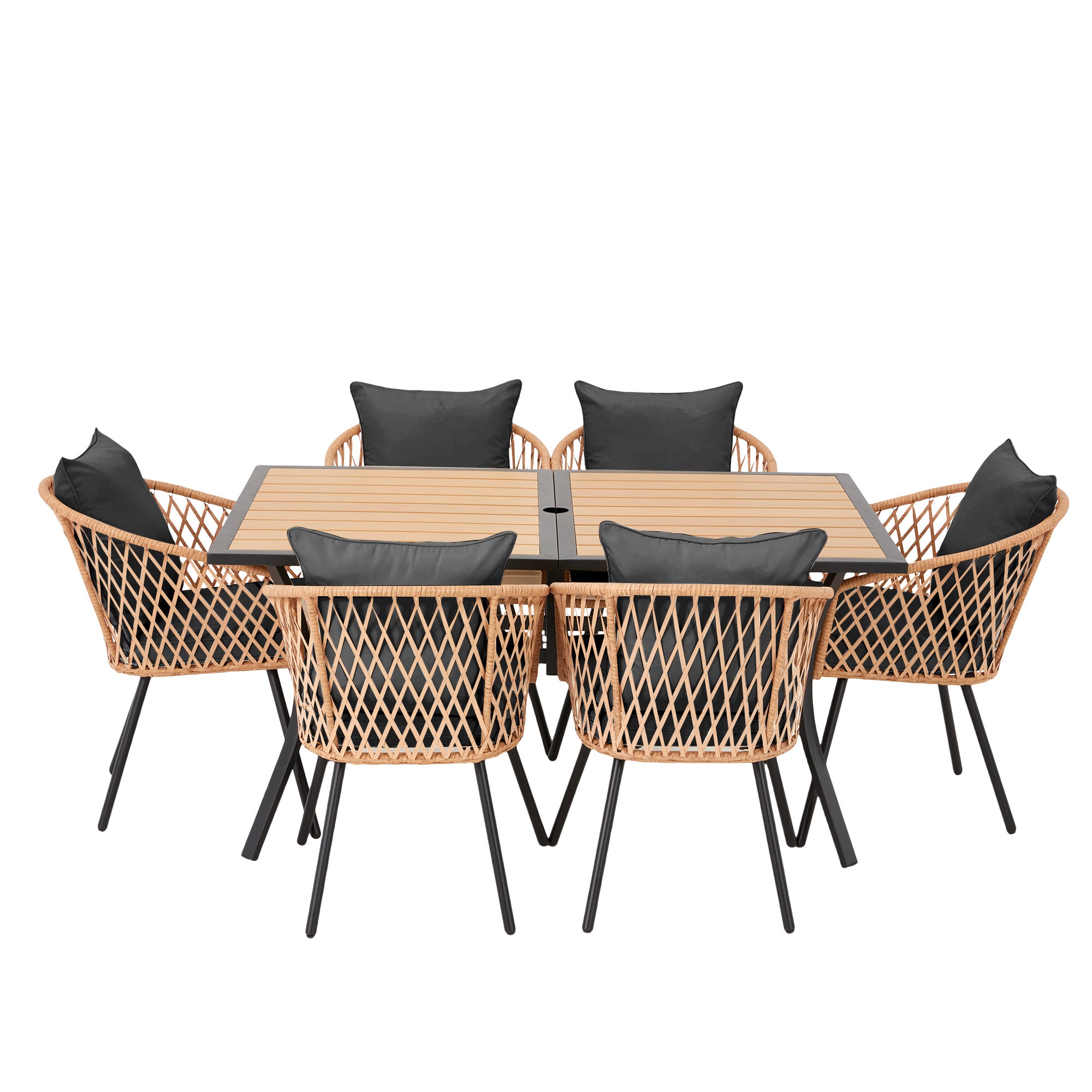 HOMREST 7-Piece Outdoor Dining Set – Rectangular Table with Umbrella Hole & 6 Rattan Chairs, Black
