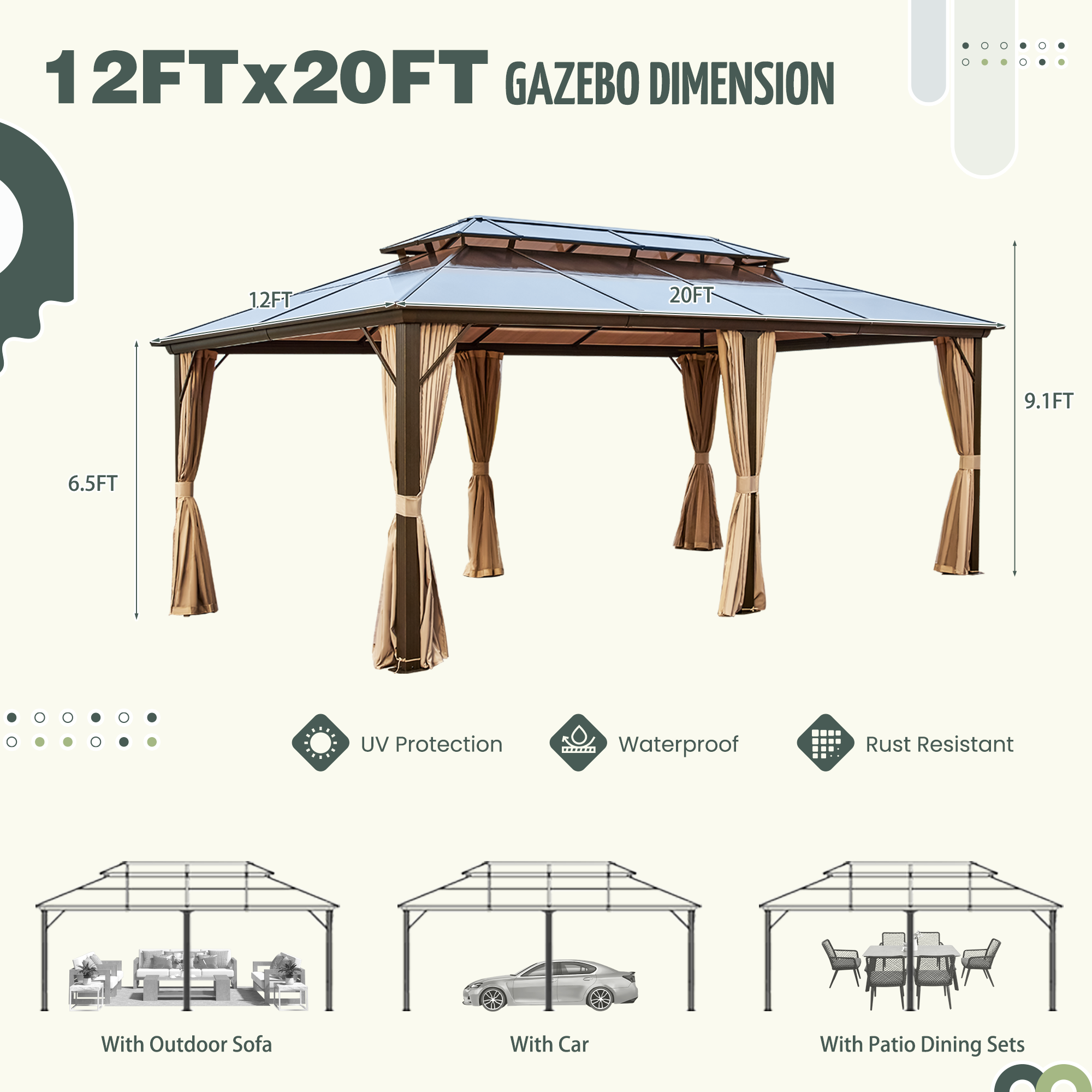 Homrest 12'x20' Hardtop Gazebo, Outdoor Polycarbonate Double Roof Canopy, Aluminum Frame Permanent Pavilion