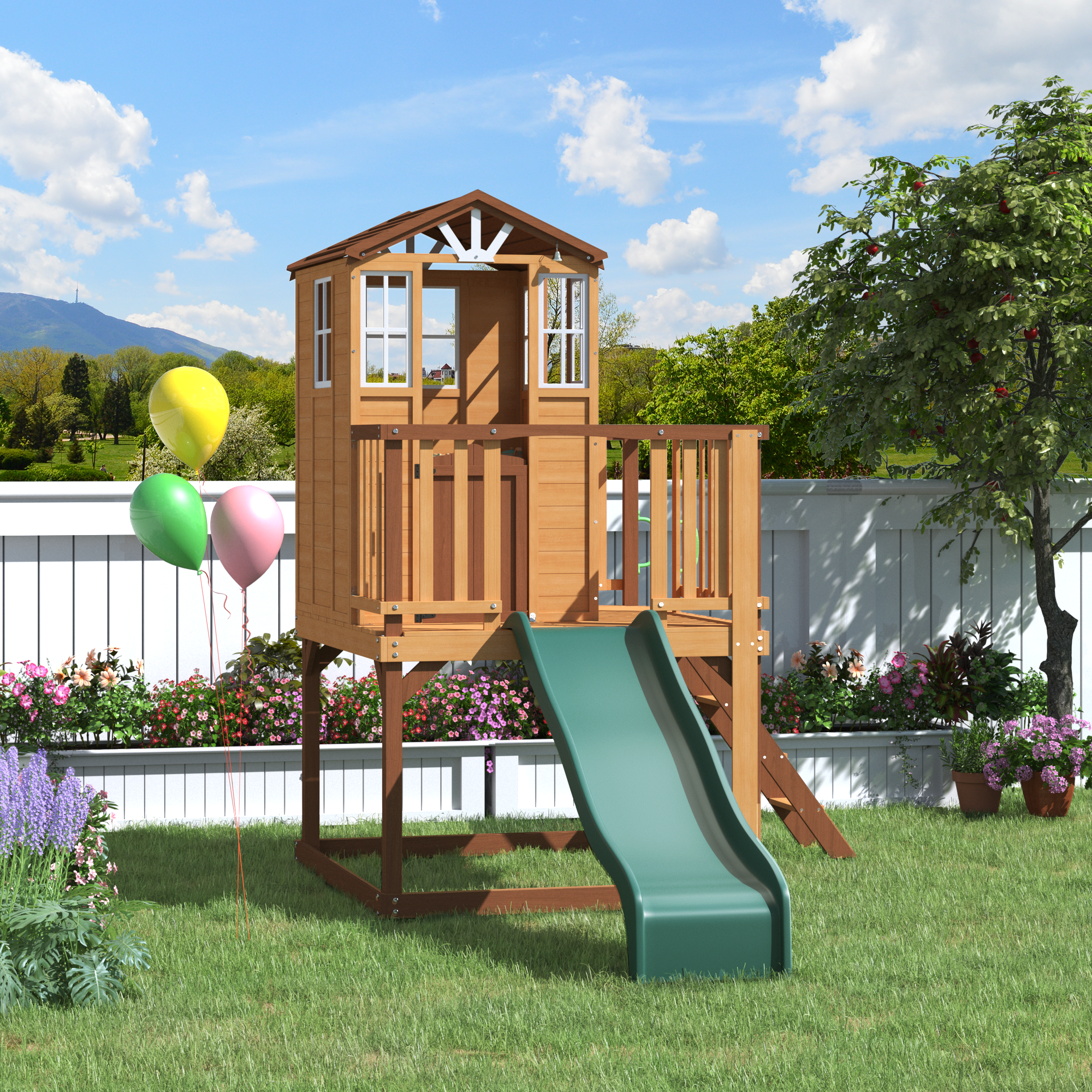 Homrest  Outdoor Wooden Playhouse for Kids - Fir Tree House with Slide, Climbing Ladder & Play Kitchen | Ages 4-8, Wood