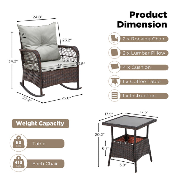 HOMREST 3-Piece Rattan Rocking Bistro Set with Glass Coffee Table for Porch & Garden