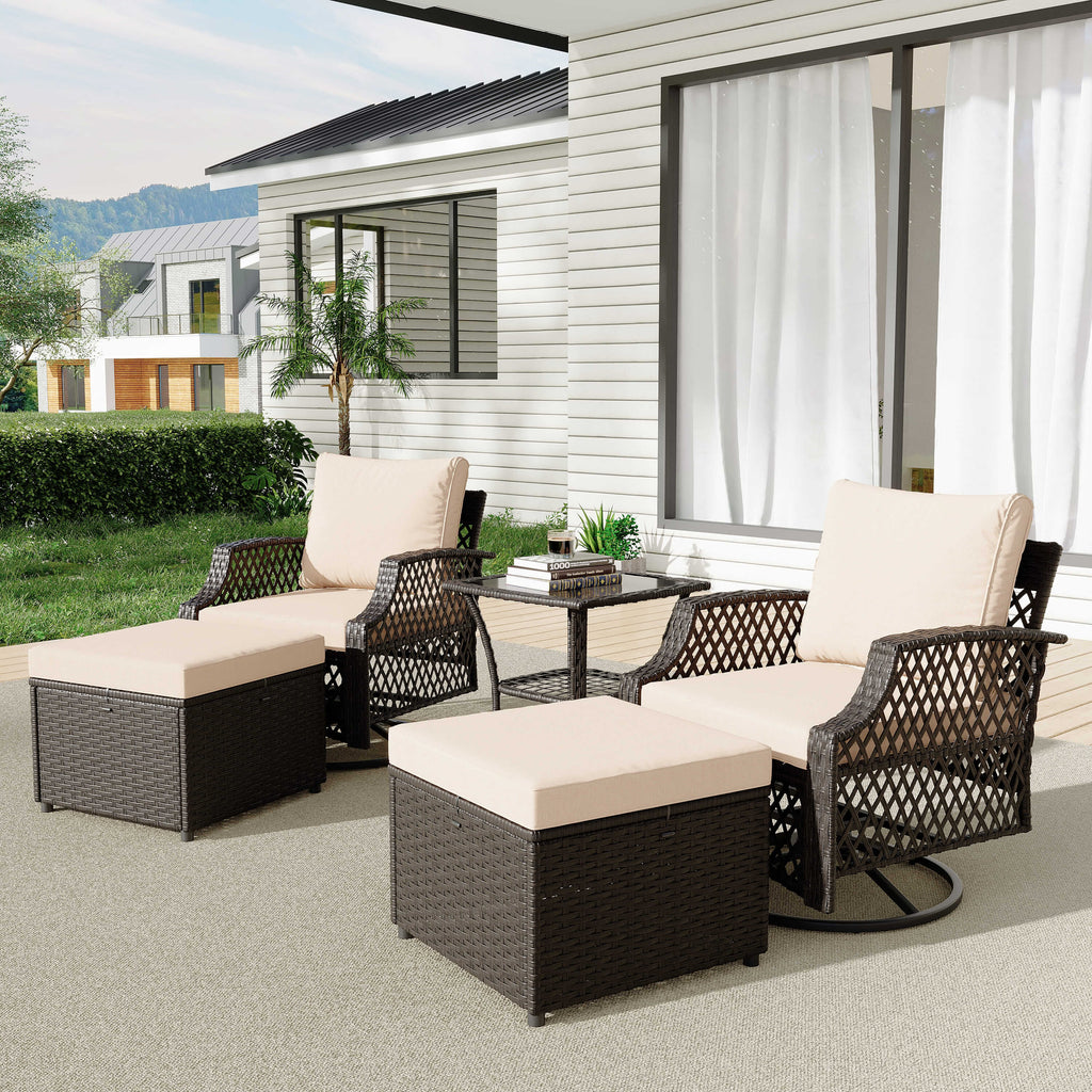 HOMREST 5 Piece Patio Furniture Set, Outdoor Wicker Swivel Chair Set with Ottomans and Side Table (Khaki)