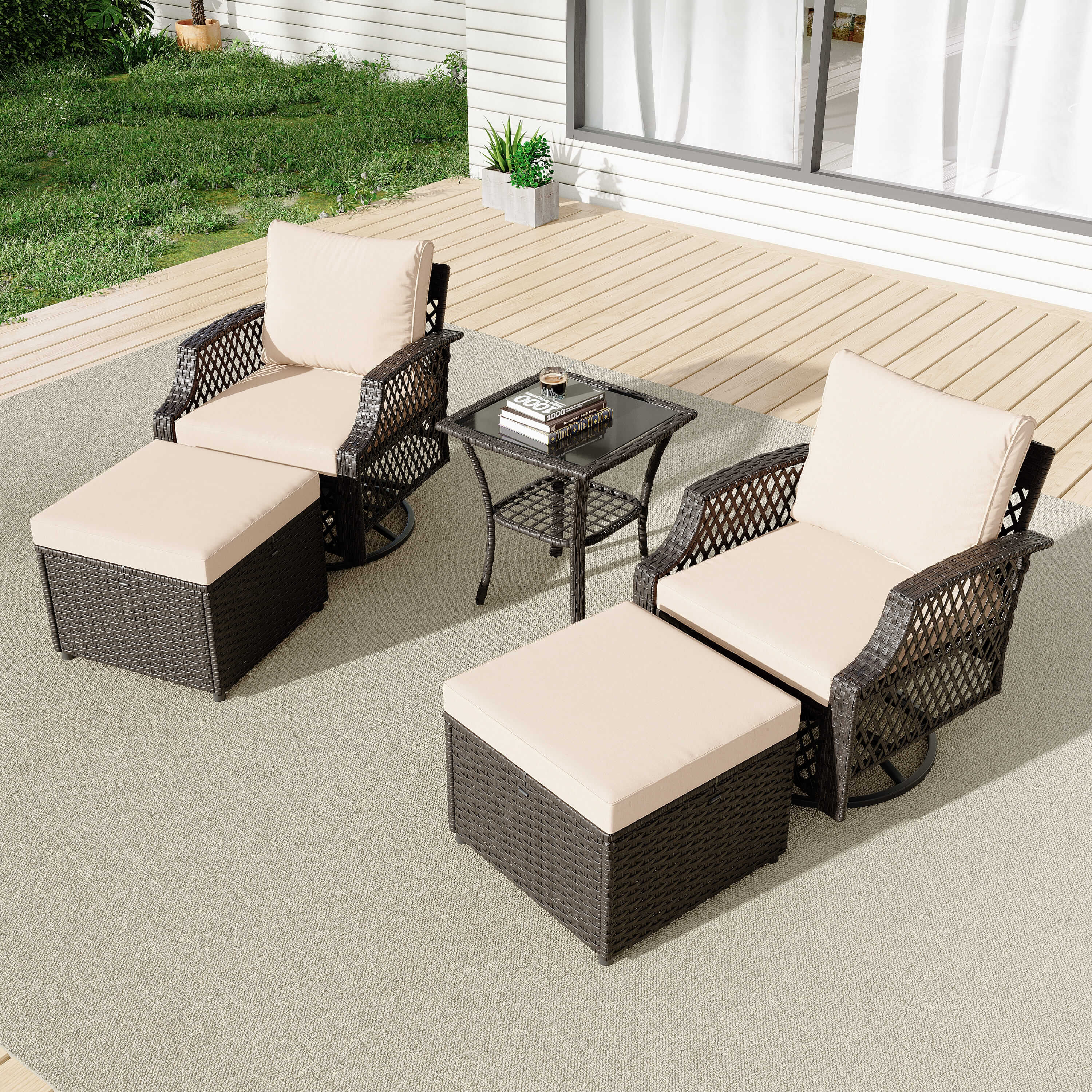 HOMREST 5 Piece Patio Furniture Set, Outdoor Wicker Swivel Chair Set with Ottomans and Side Table (Khaki)