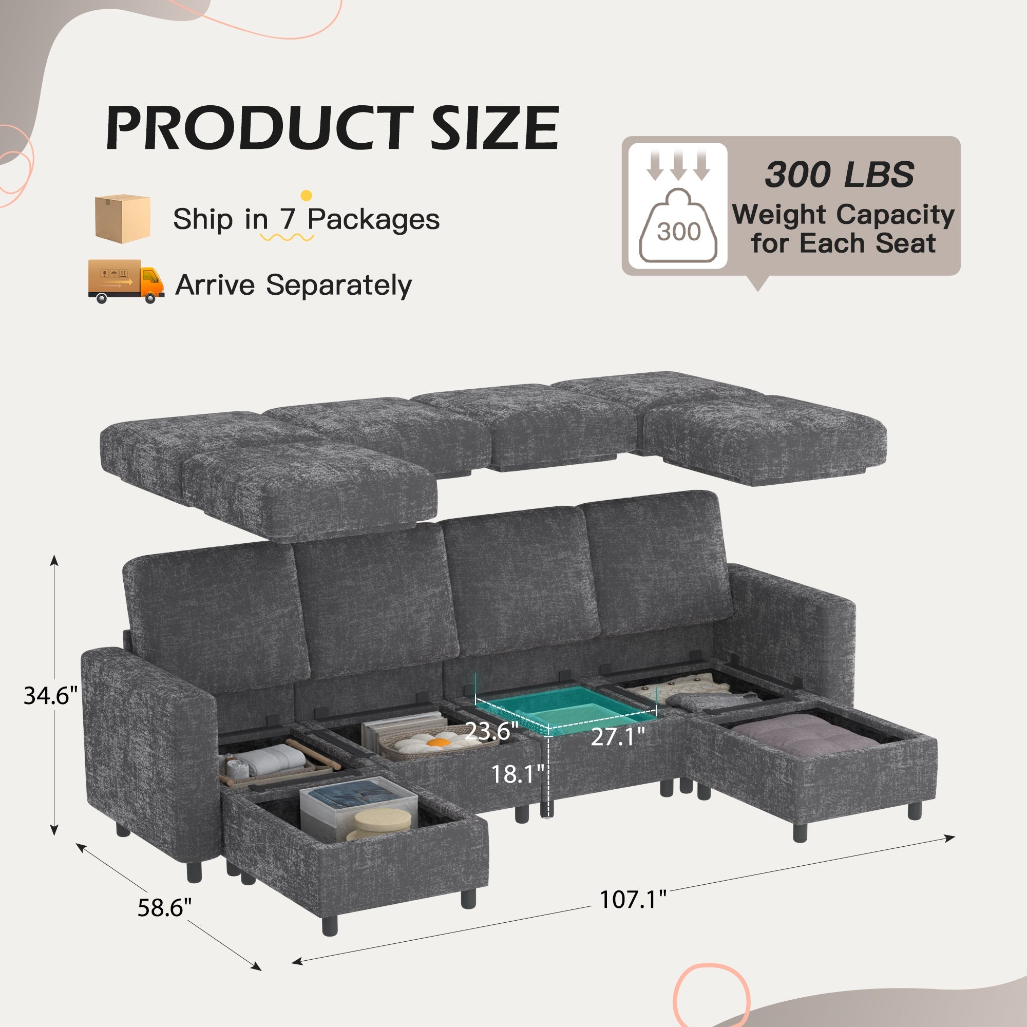 Homrest 6  Piece Modular Sectional Couch with Storage, 4 Single Seats, 2 ottomans, Dark Gray