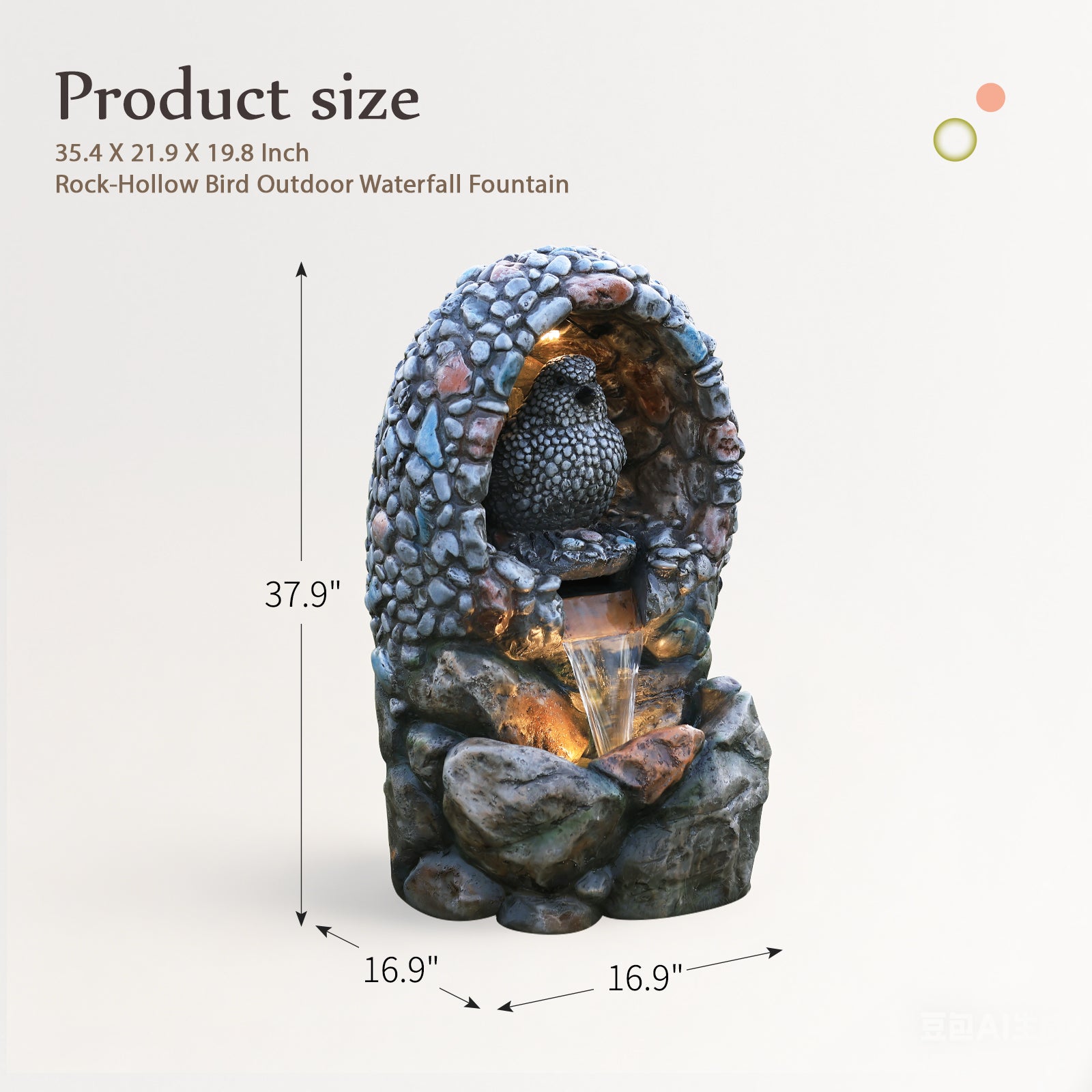 HOMREST Outdoor Water Fountain - Rock-Hollow Bird Outdoor Waterfall Fountain with LED Lights Effect for Patio Deck Yard Home,Gray