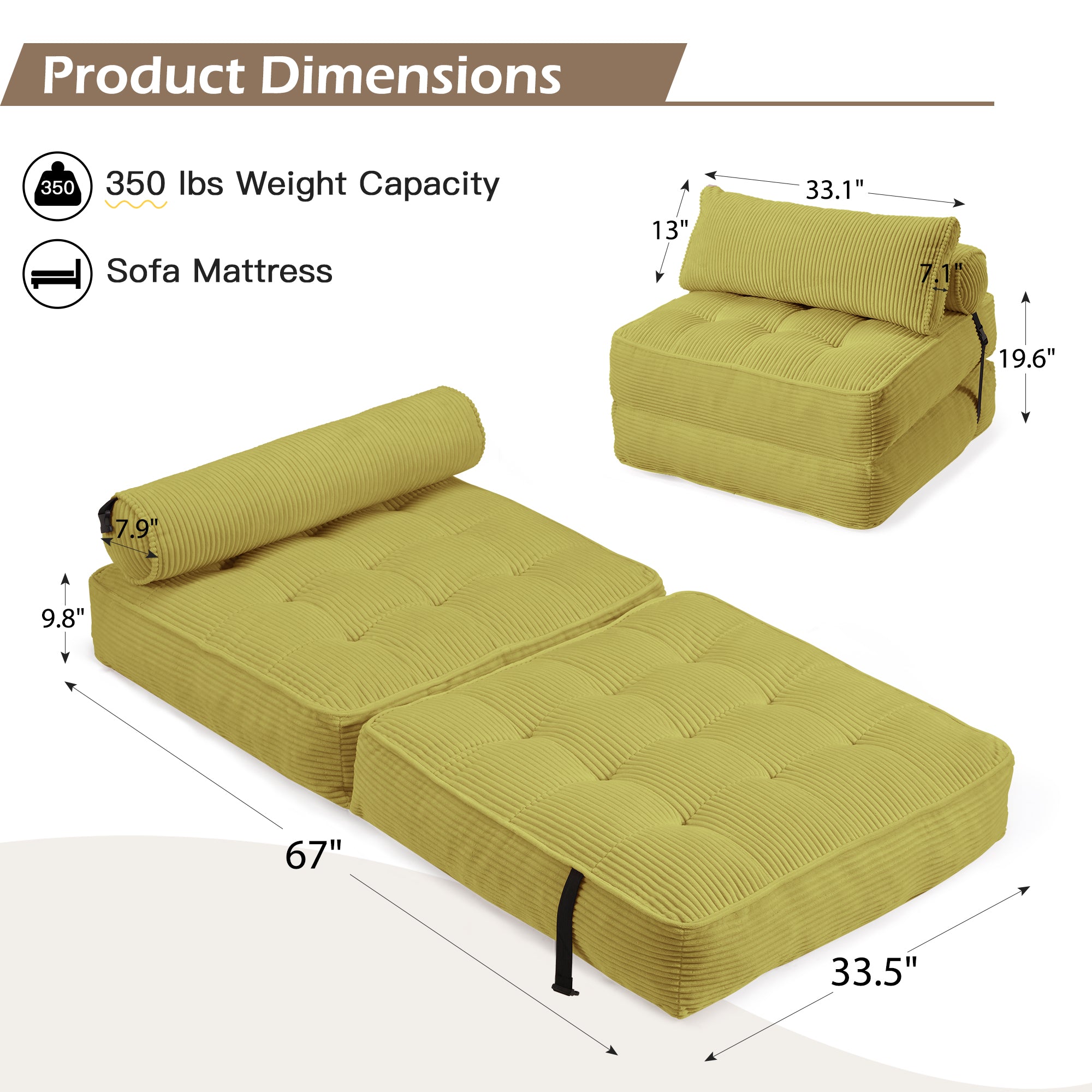 HOMREST 3-Piece Modular Sectional Sofa, Convertible Lounge Set – Foldable Couch Bed, Avocado Green
