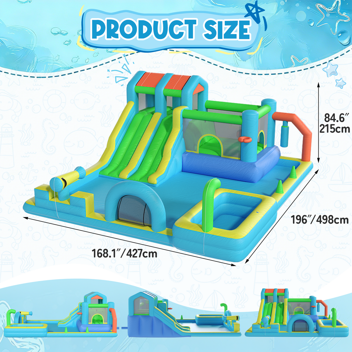 Homrest Inflatable Bounce House, Bouncy House with Double Water Slide, Inflatable Bouncy Castle Water Bounce House with Blower, Climbing Wall, Jumping, Splash Pool for Kids Indoor Outdoor