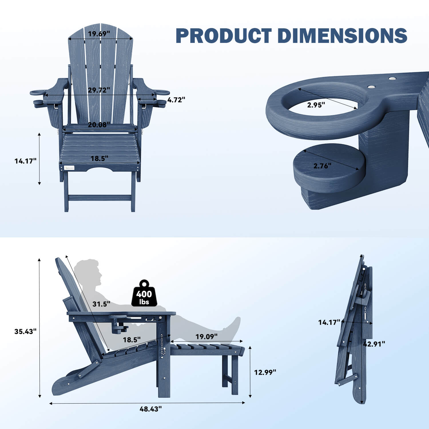 HOMREST 3-Level  Adjustable Adirondack Chair with Retractable Ottoman, Folding HDPE Outdoor Chair with Cup Holders, Navy Blue
